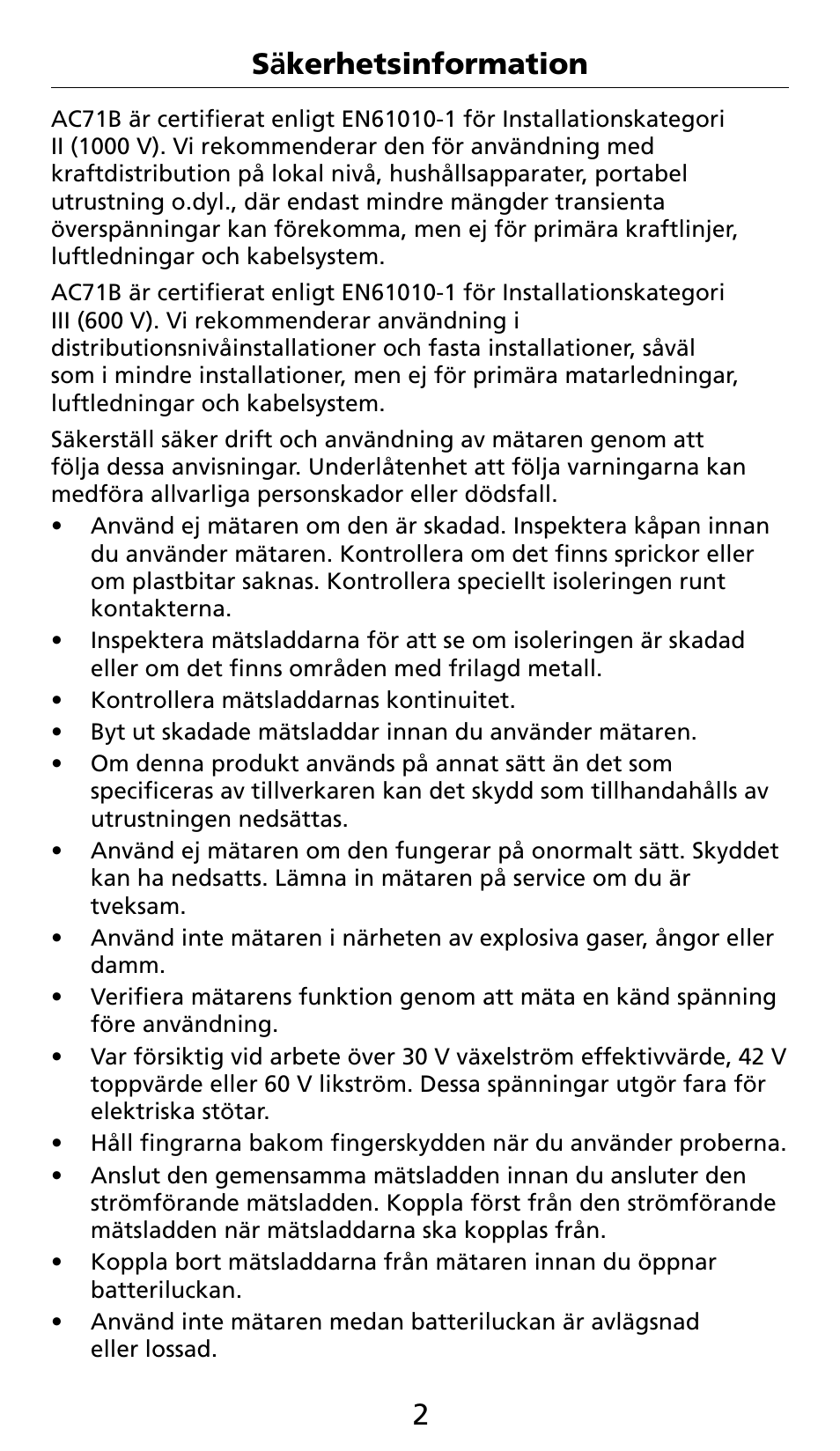 3 säkerhetsinformation | Amprobe AC71B Clamp-On-Multimeter User Manual | Page 86 / 96