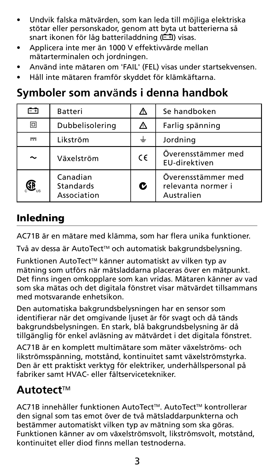 Symboler som anv ä nds i denna handbok, Autotect, Inledning | Amprobe AC71B Clamp-On-Multimeter User Manual | Page 87 / 96