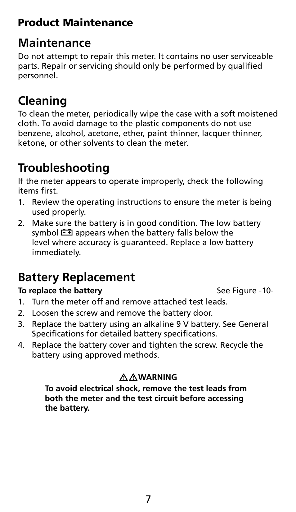 Maintenance, Cleaning, Troubleshooting | Battery replacement | Amprobe AC71B Clamp-On-Multimeter User Manual | Page 9 / 96