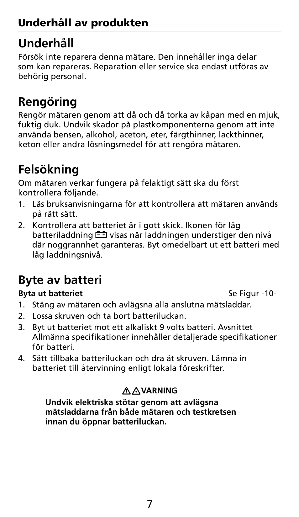 Underhåll, Rengöring, Felsökning | Byte av batteri | Amprobe AC71B Clamp-On-Multimeter User Manual | Page 91 / 96