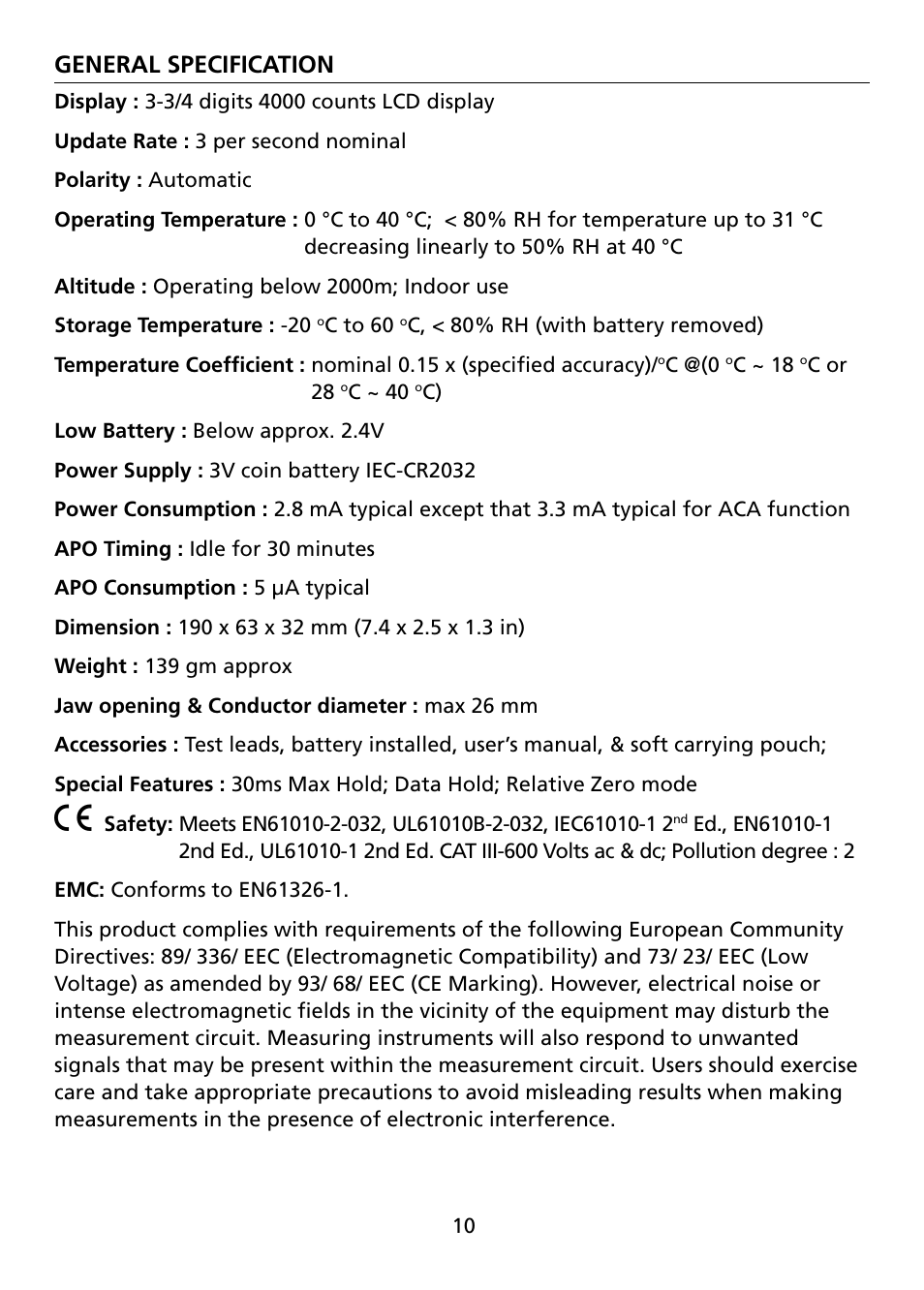 General specification | Amprobe ACD-10-TRMS-PLUS ACD-10-PLUS Clamp-Multimeters User Manual | Page 13 / 116