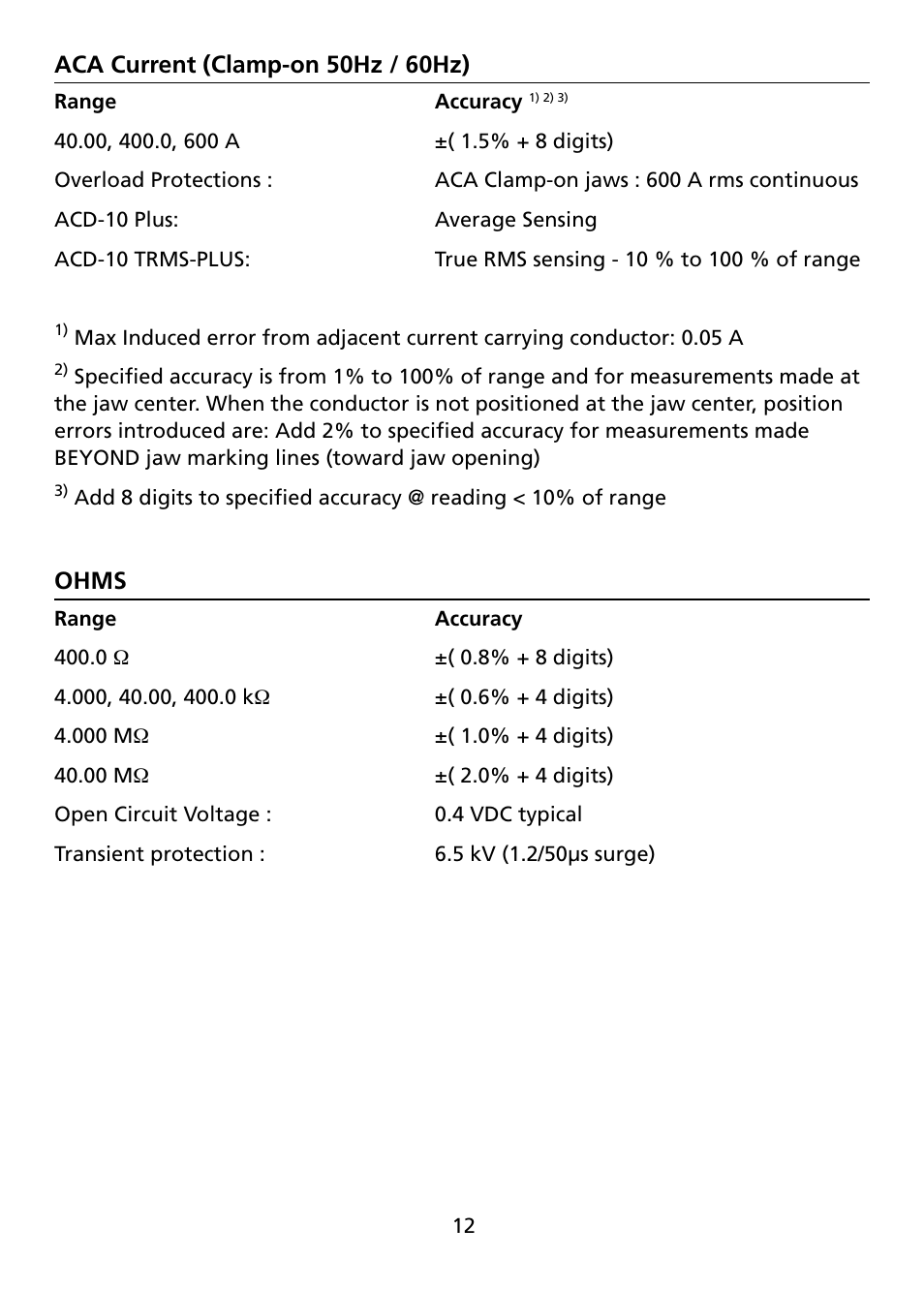 Aca current (clamp-on 50hz / 60hz), Ohms | Amprobe ACD-10-TRMS-PLUS ACD-10-PLUS Clamp-Multimeters User Manual | Page 15 / 116