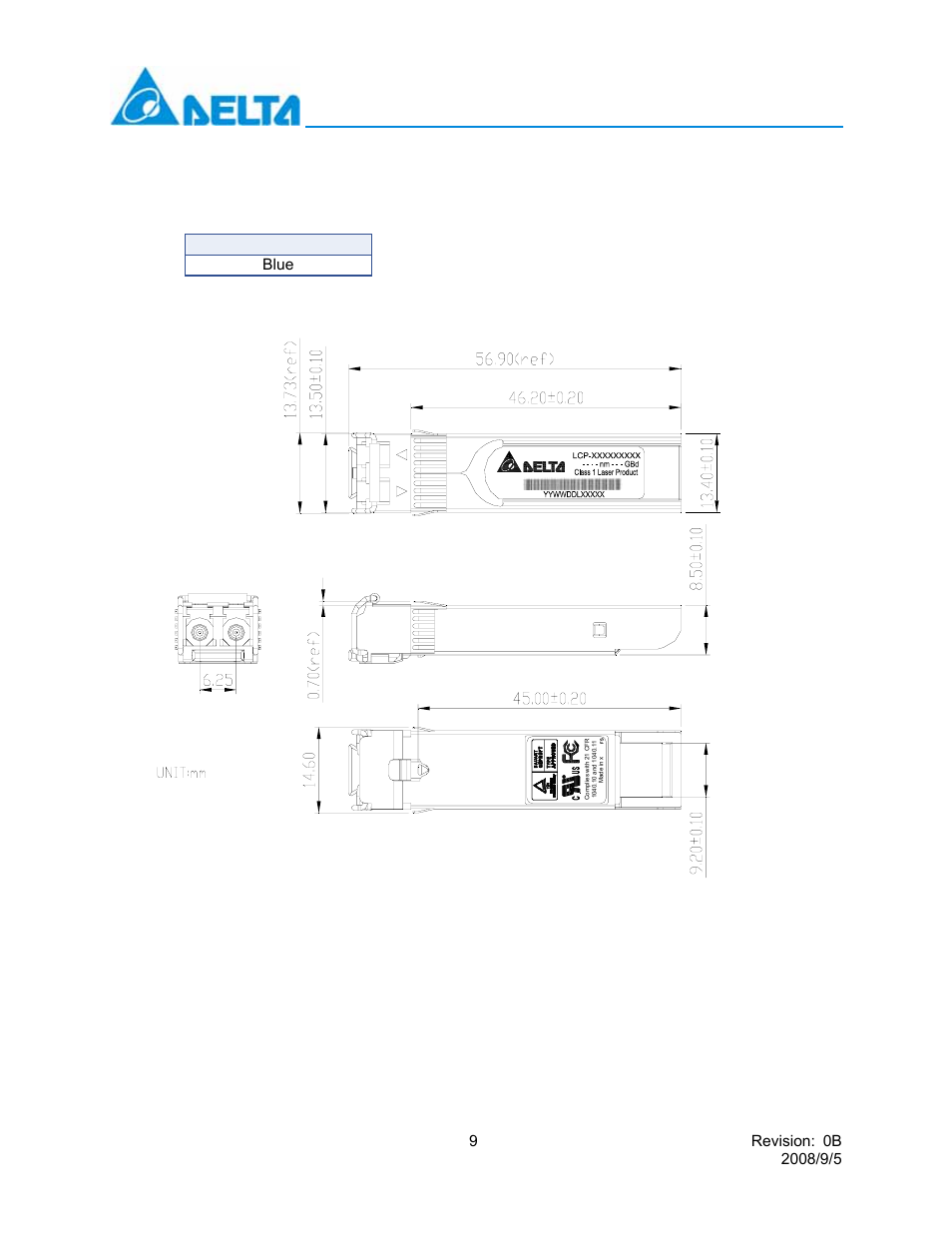Timing parameters for sfp+ management, Lcp-10g3b4edr, Latch color identifier blue | Delta electronics, inc | Delta Electronics 10GBASE-LRM SFP+ Optical Transceiver LCP-10G3B4EDR User Manual | Page 9 / 15