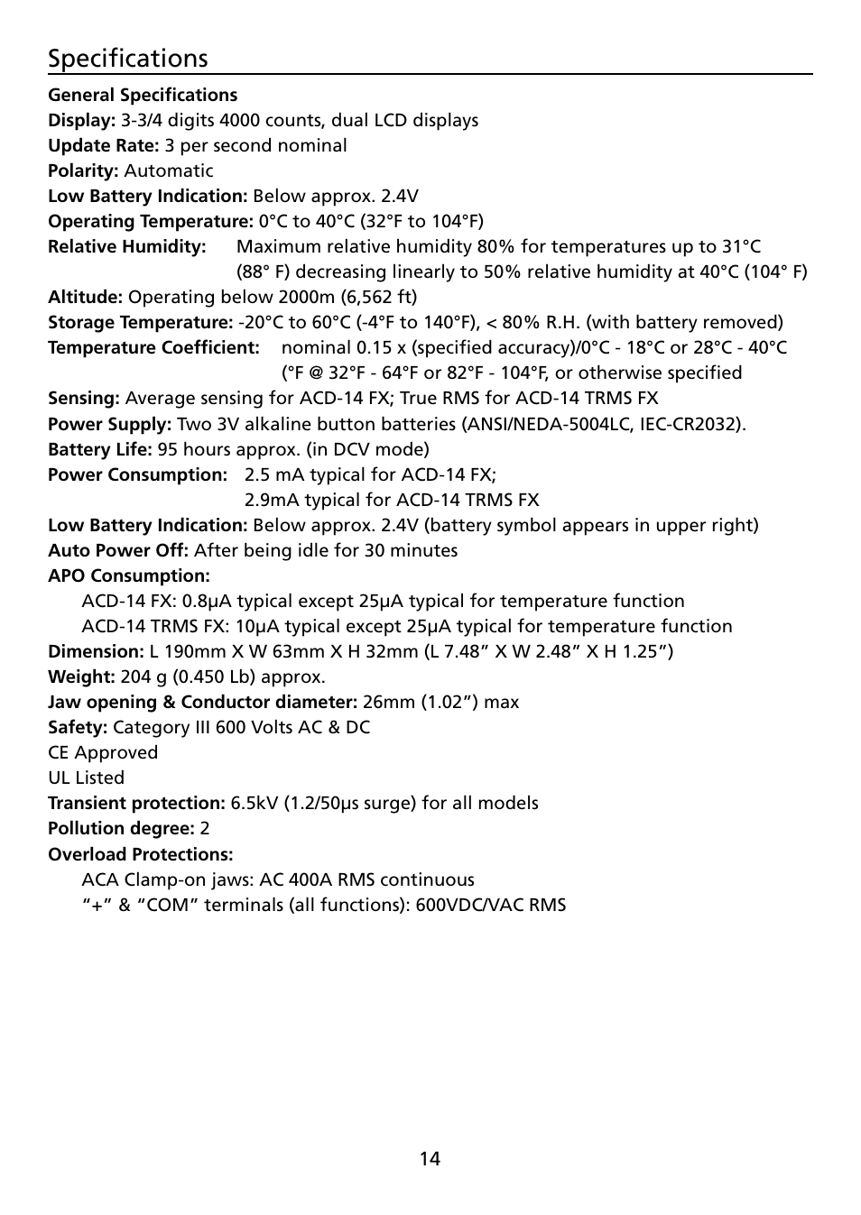 Specifications | Amprobe ACD-14-FX Clamp-On-Multimeter User Manual | Page 16 / 19