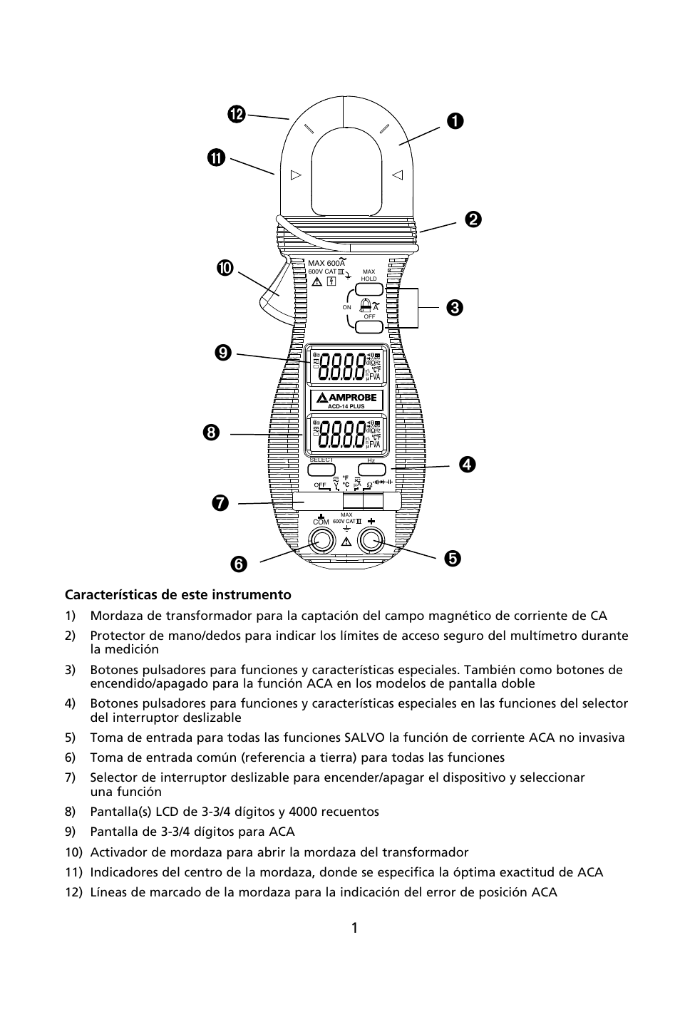 Características de este instrumento | Amprobe ACD-14-PLUS Clamp-On-Multimeters User Manual | Page 100 / 148