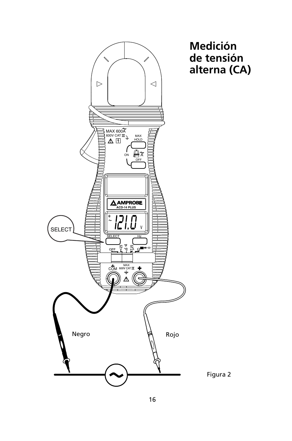 Medición de tensión alterna (ca), Negro rojo, Figura 2 | Amprobe ACD-14-PLUS Clamp-On-Multimeters User Manual | Page 115 / 148