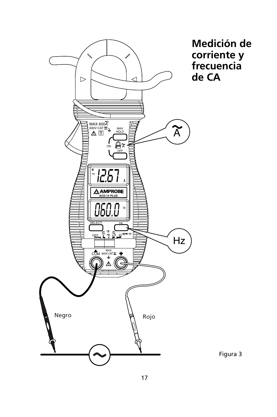 Medición de corriente y frecuencia de ca | Amprobe ACD-14-PLUS Clamp-On-Multimeters User Manual | Page 116 / 148