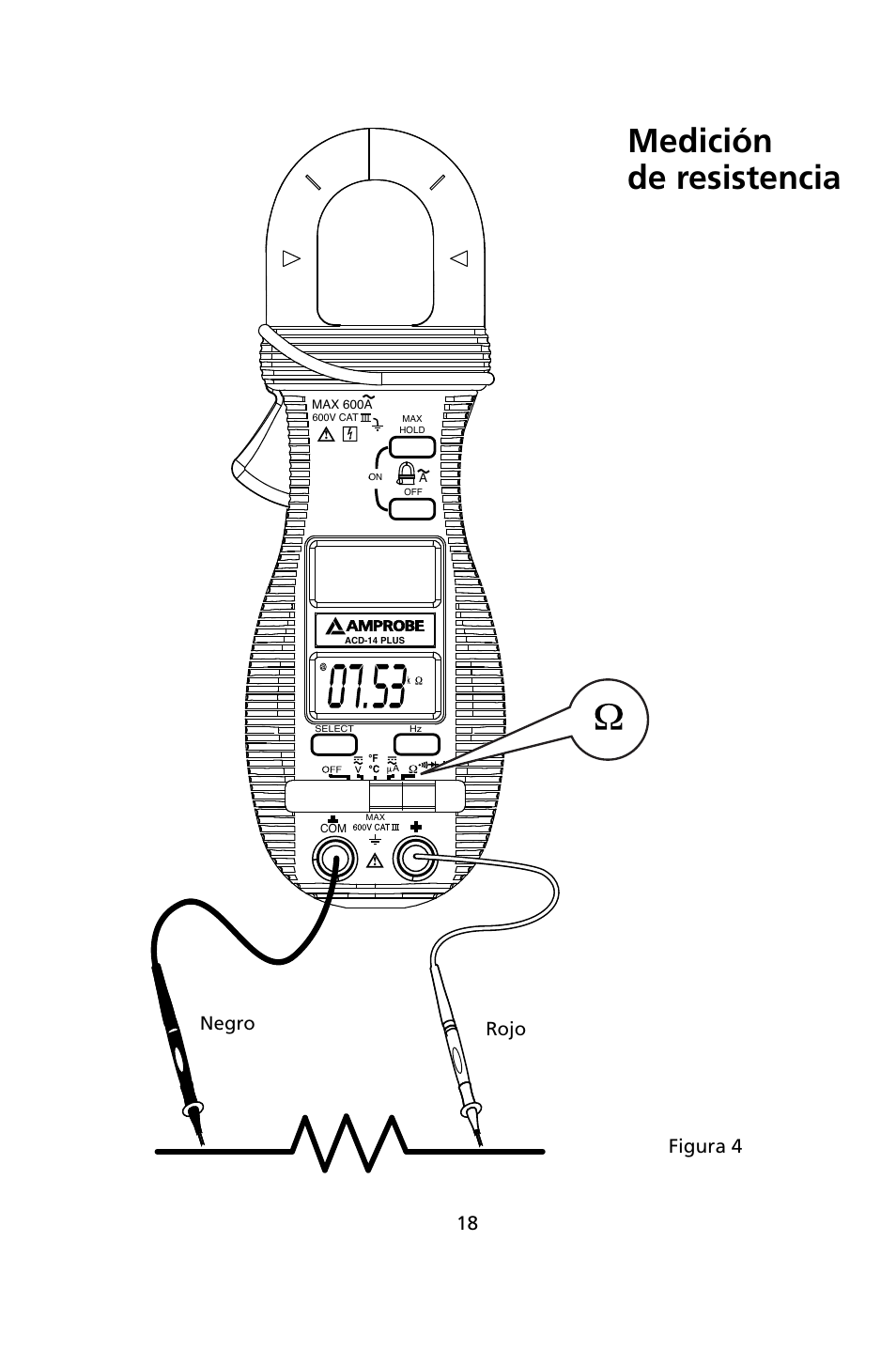 Medición de resistencia, Negro rojo, Figura 4 | Amprobe ACD-14-PLUS Clamp-On-Multimeters User Manual | Page 117 / 148