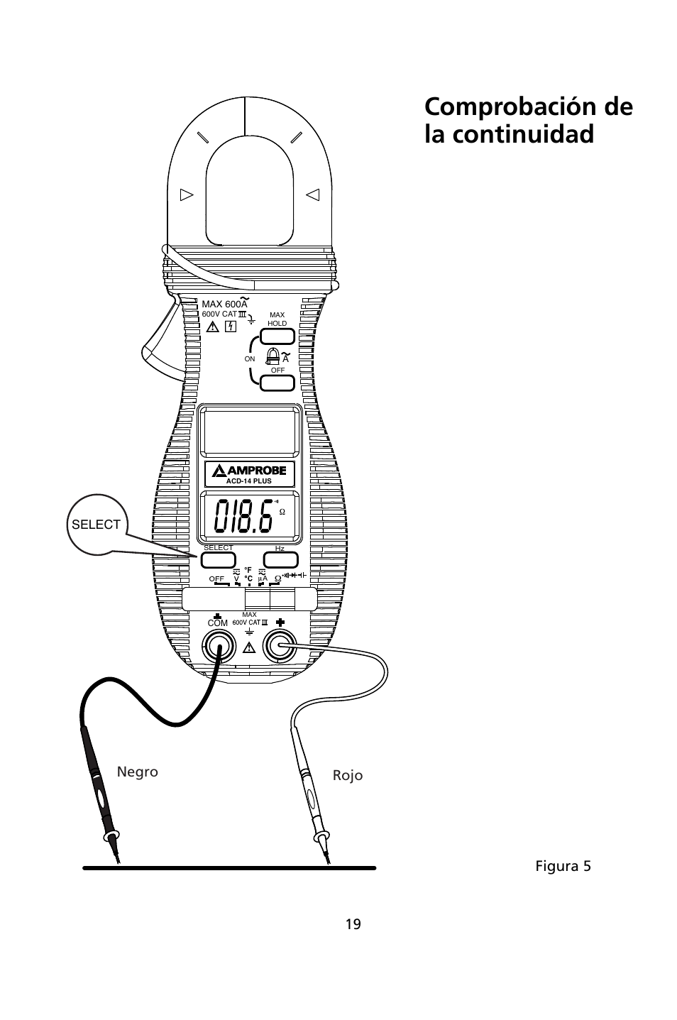 Comprobación de la continuidad, Negro rojo, Figura 5 | Amprobe ACD-14-PLUS Clamp-On-Multimeters User Manual | Page 118 / 148