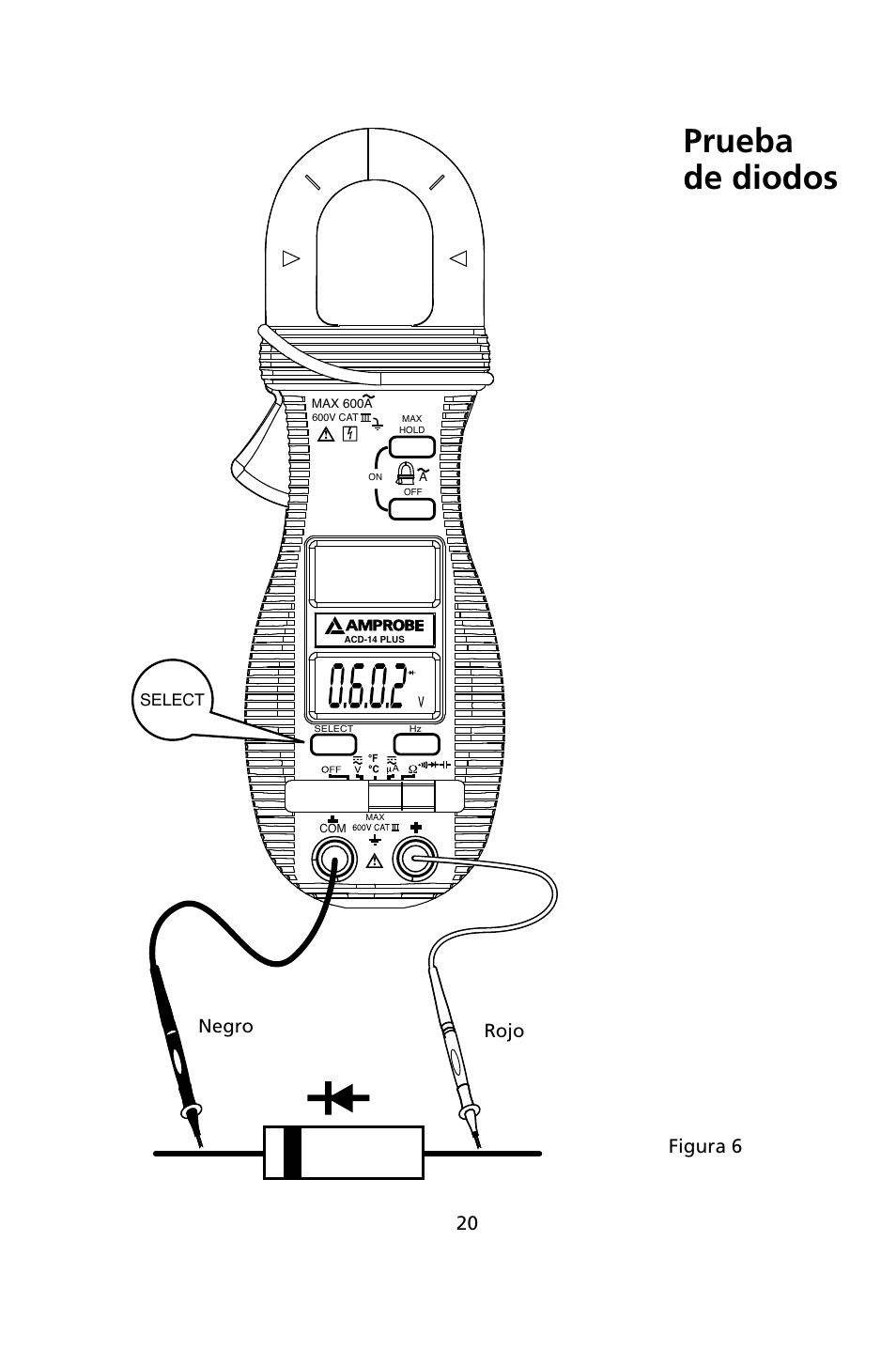 Prueba de diodos, Negro rojo, Figura 6 | Amprobe ACD-14-PLUS Clamp-On-Multimeters User Manual | Page 119 / 148
