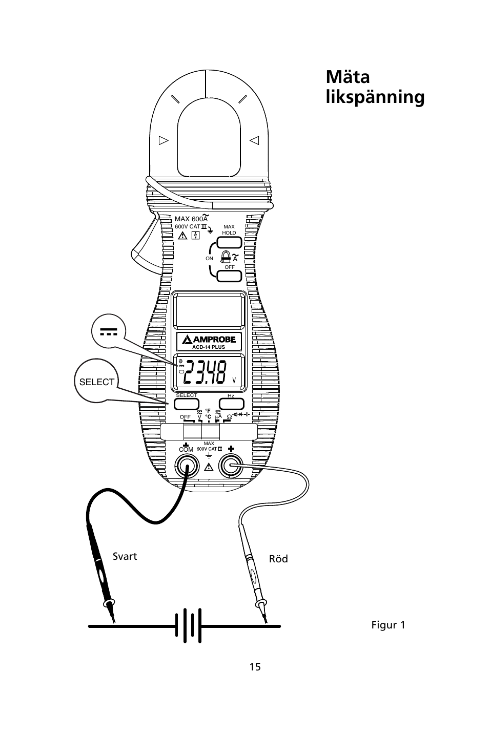 Mäta likspänning, Svart röd, Figur 1 | Amprobe ACD-14-PLUS Clamp-On-Multimeters User Manual | Page 138 / 148