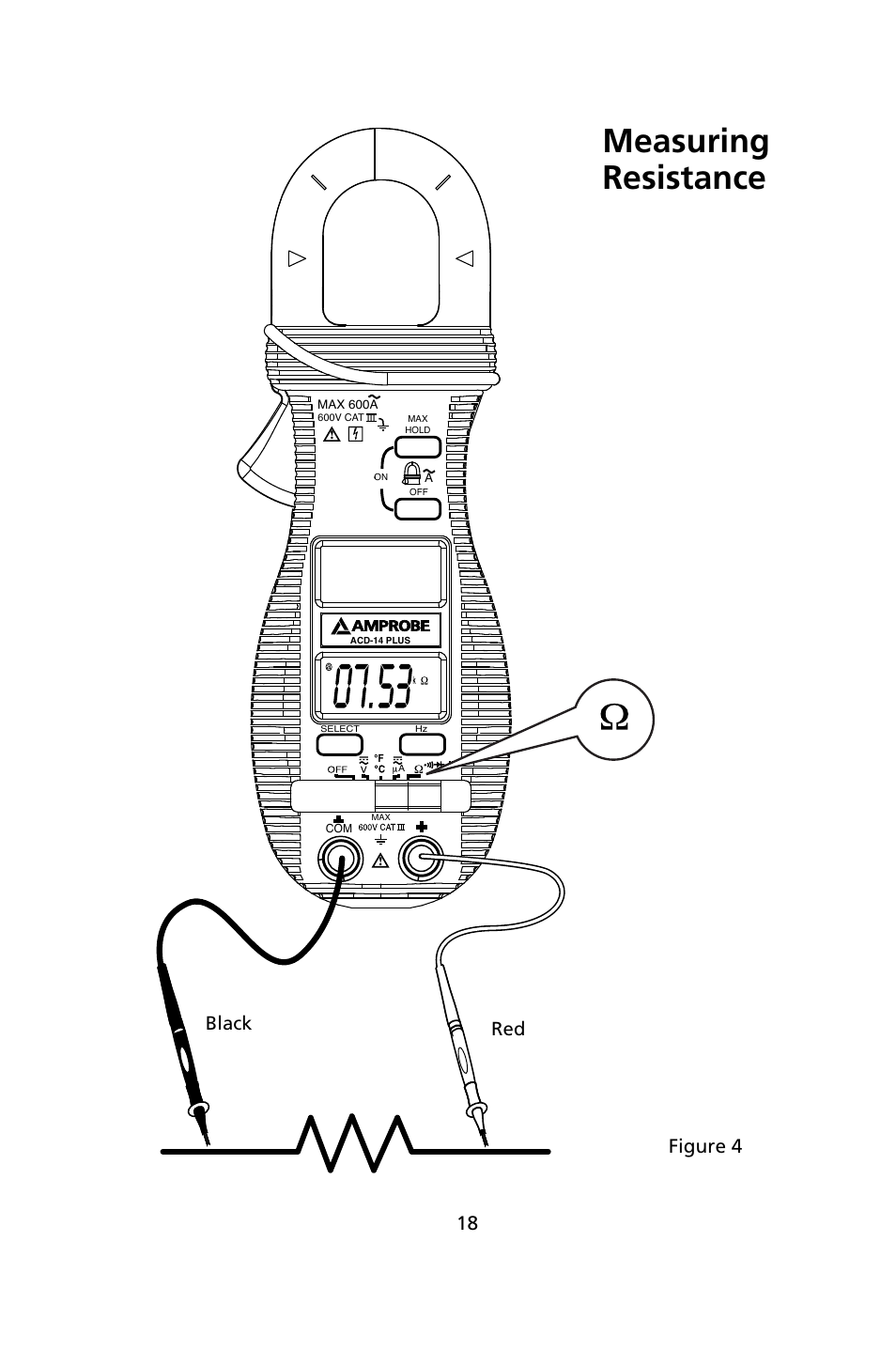 Measuring resistance, Black red, Figure 4 | Amprobe ACD-14-PLUS Clamp-On-Multimeters User Manual | Page 21 / 148