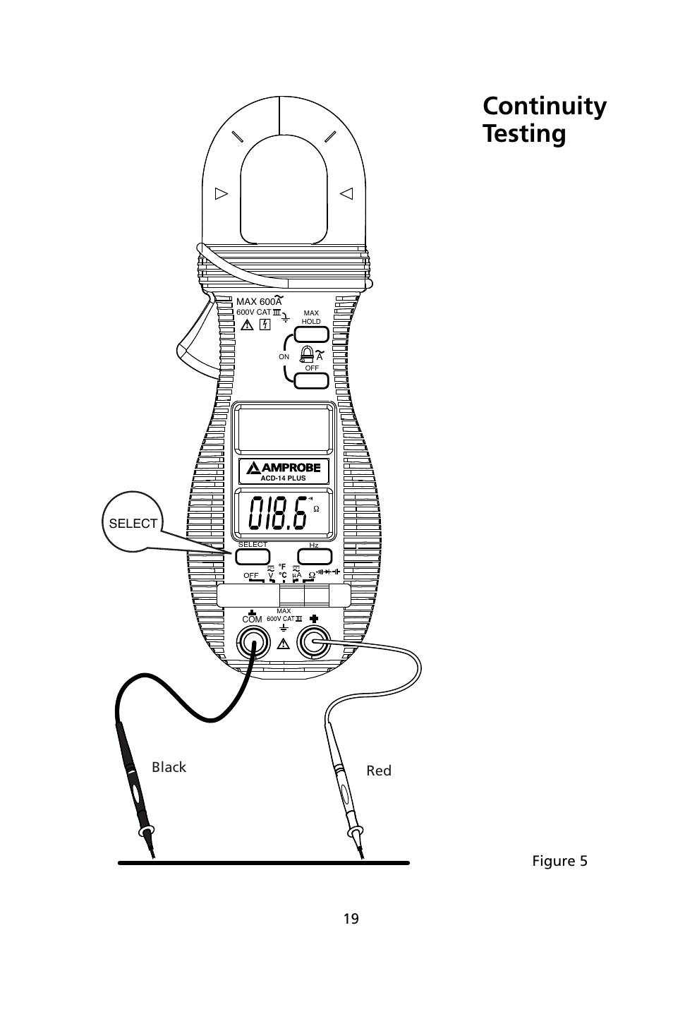 Continuity testing, Black red, Figure 5 | Amprobe ACD-14-PLUS Clamp-On-Multimeters User Manual | Page 22 / 148