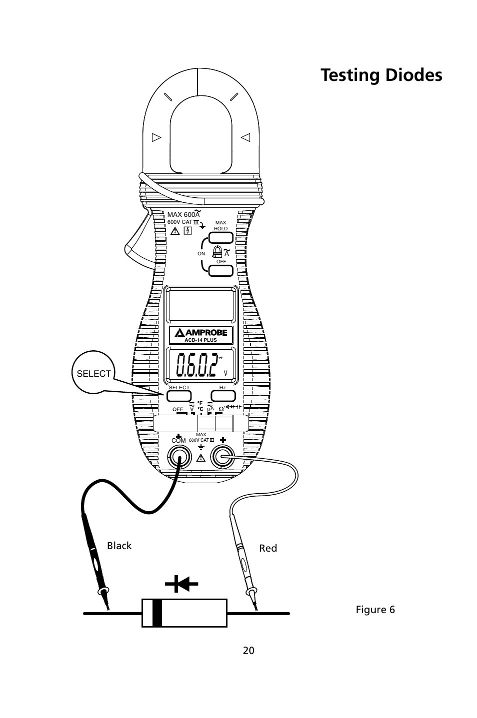Testing diodes, Black red, Figure 6 | Select | Amprobe ACD-14-PLUS Clamp-On-Multimeters User Manual | Page 23 / 148