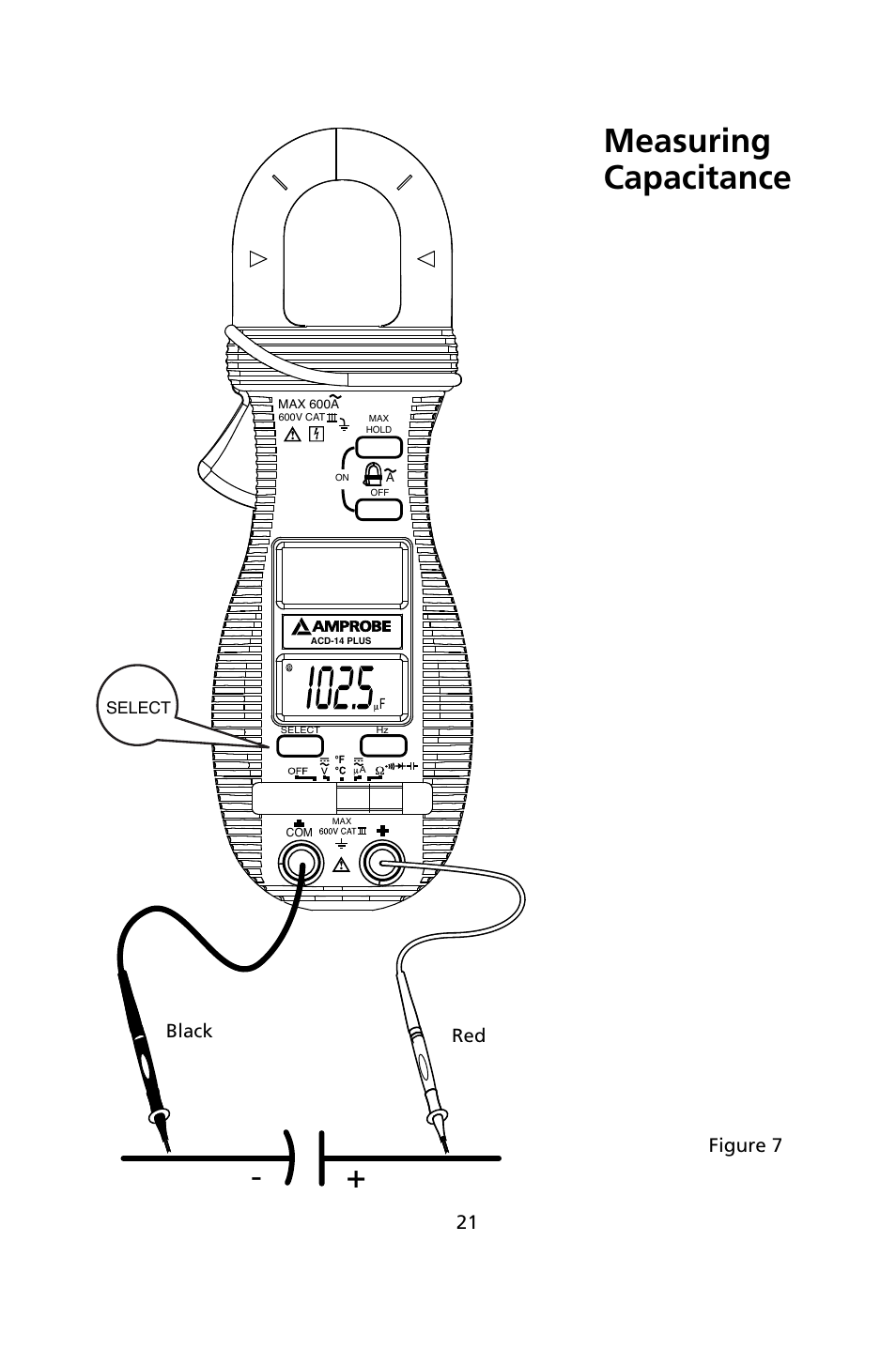 Measuring capacitance, Black, Figure 7 | Amprobe ACD-14-PLUS Clamp-On-Multimeters User Manual | Page 24 / 148
