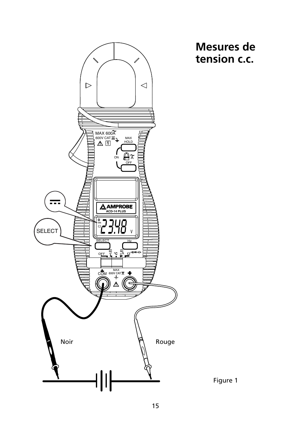 Mesures de tension c.c, Noir rouge, Figure 1 | Amprobe ACD-14-PLUS Clamp-On-Multimeters User Manual | Page 42 / 148