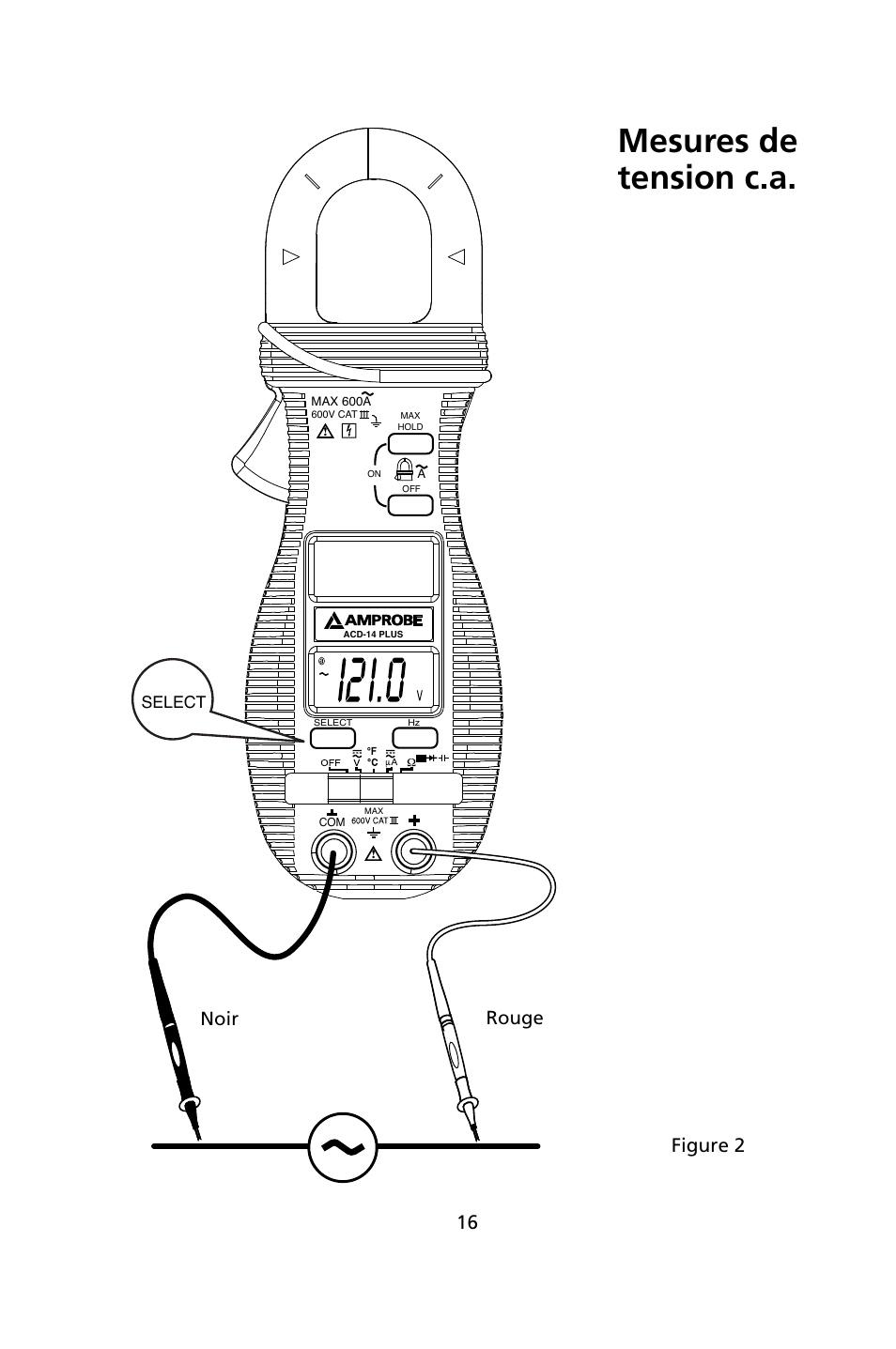 Mesures de tension c.a, Noir rouge, Figure 2 | Amprobe ACD-14-PLUS Clamp-On-Multimeters User Manual | Page 43 / 148