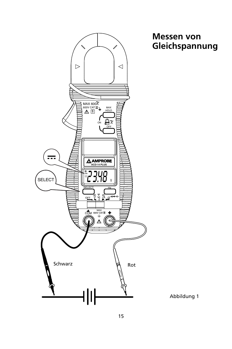 Messen von gleichspannung, Schwarz rot, Abbildung 1 | Amprobe ACD-14-PLUS Clamp-On-Multimeters User Manual | Page 66 / 148
