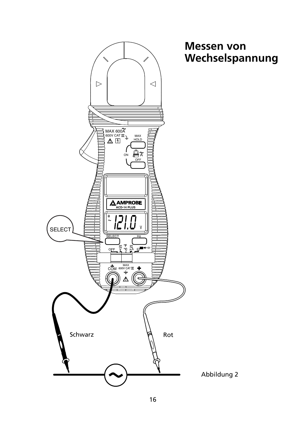 Messen von wechselspannung, Schwarz rot, Abbildung 2 | Amprobe ACD-14-PLUS Clamp-On-Multimeters User Manual | Page 67 / 148