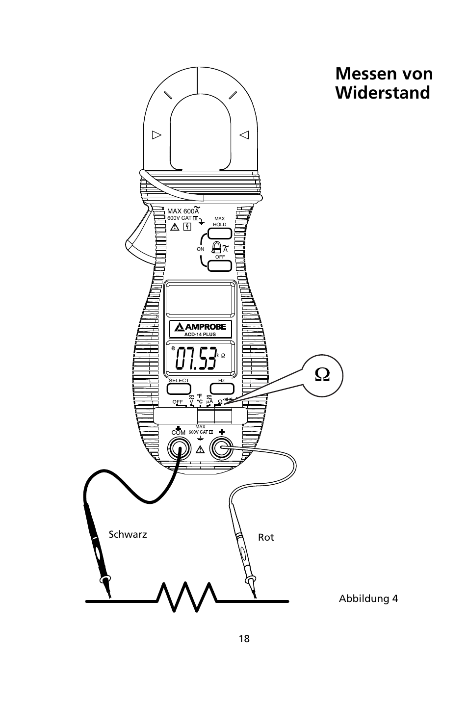 Messen von widerstand, Schwarz rot, Abbildung 4 | Amprobe ACD-14-PLUS Clamp-On-Multimeters User Manual | Page 69 / 148