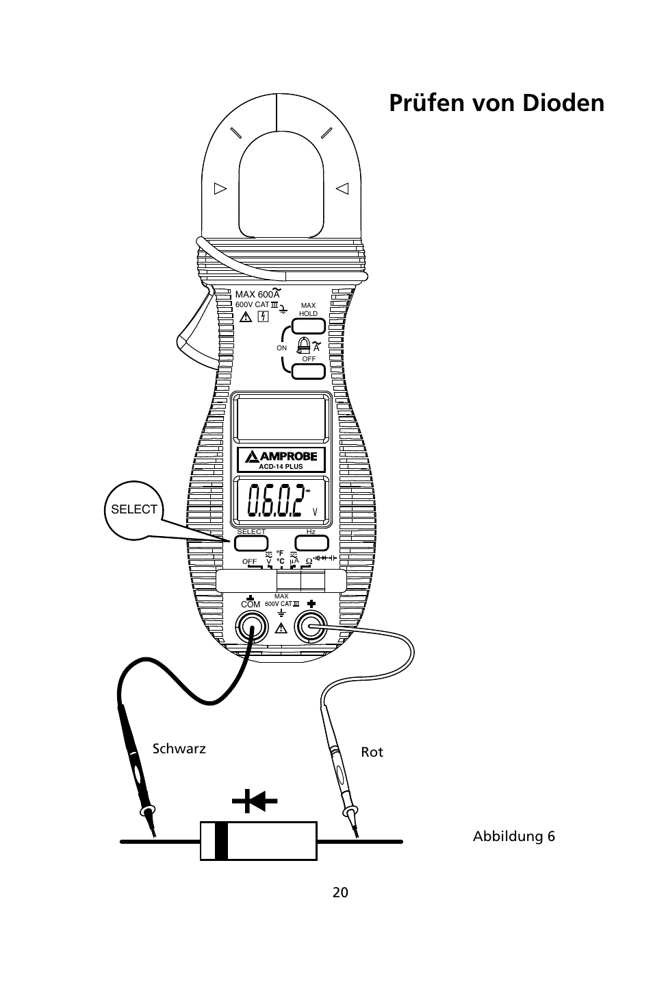 Prüfen von dioden, Schwarz rot, Abbildung 6 | Select | Amprobe ACD-14-PLUS Clamp-On-Multimeters User Manual | Page 71 / 148