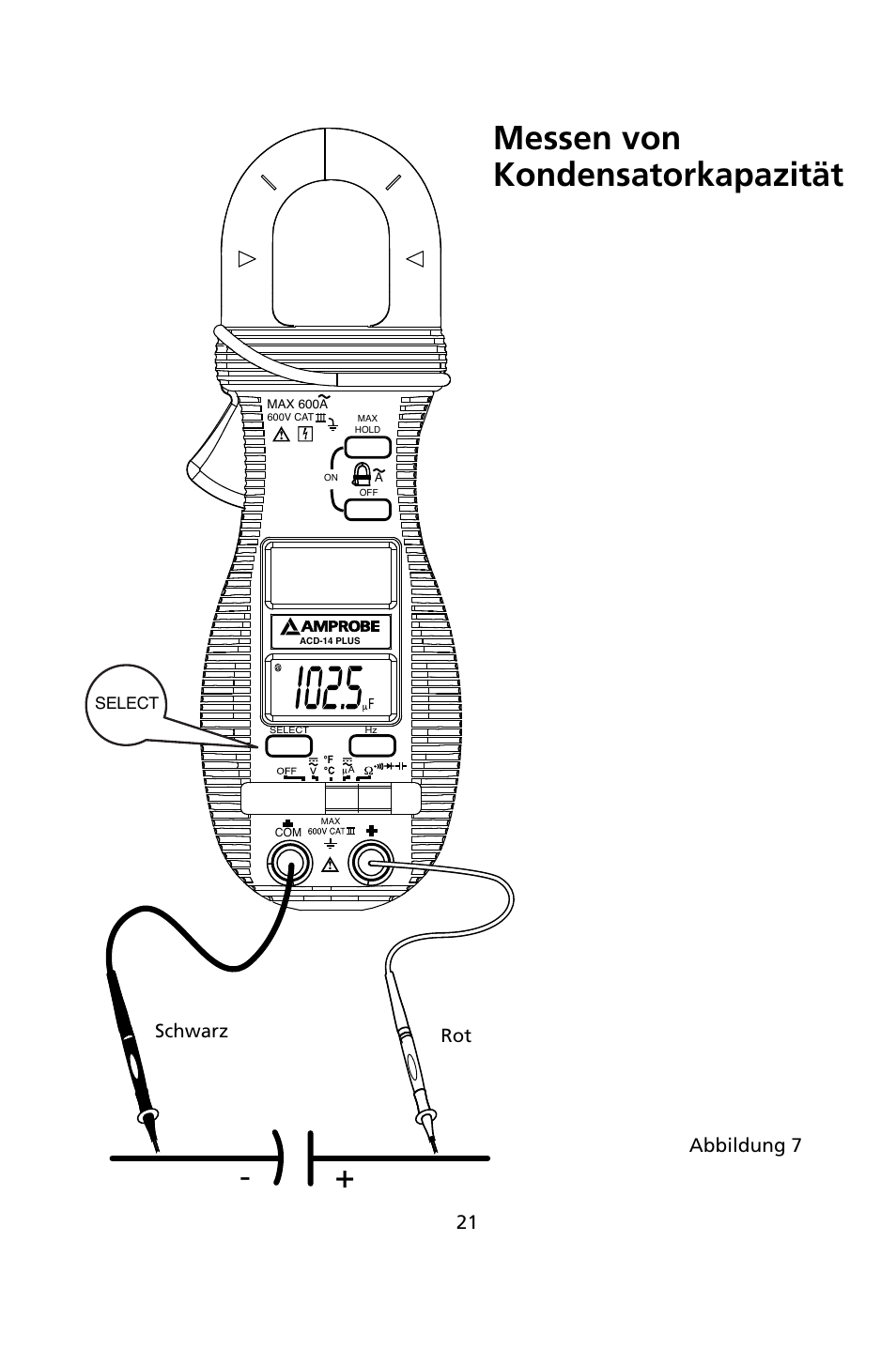 Messen von kondensatorkapazität, Schwarz, Abbildung 7 | Amprobe ACD-14-PLUS Clamp-On-Multimeters User Manual | Page 72 / 148