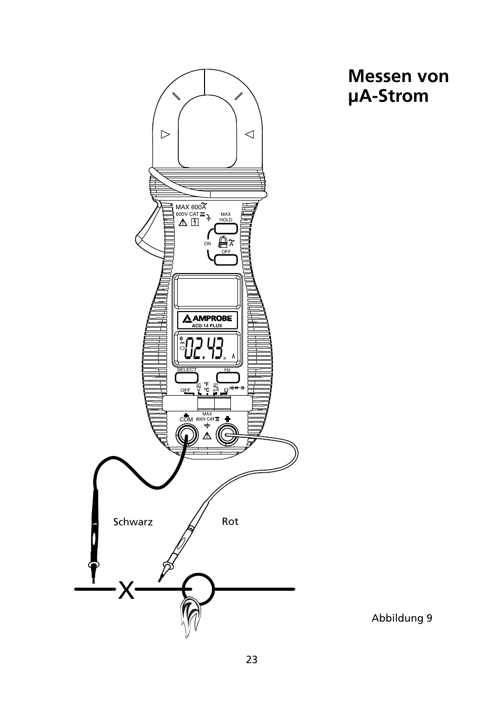 Messen von μa-strom, Schwarz rot, Abbildung 9 | Amprobe ACD-14-PLUS Clamp-On-Multimeters User Manual | Page 74 / 148