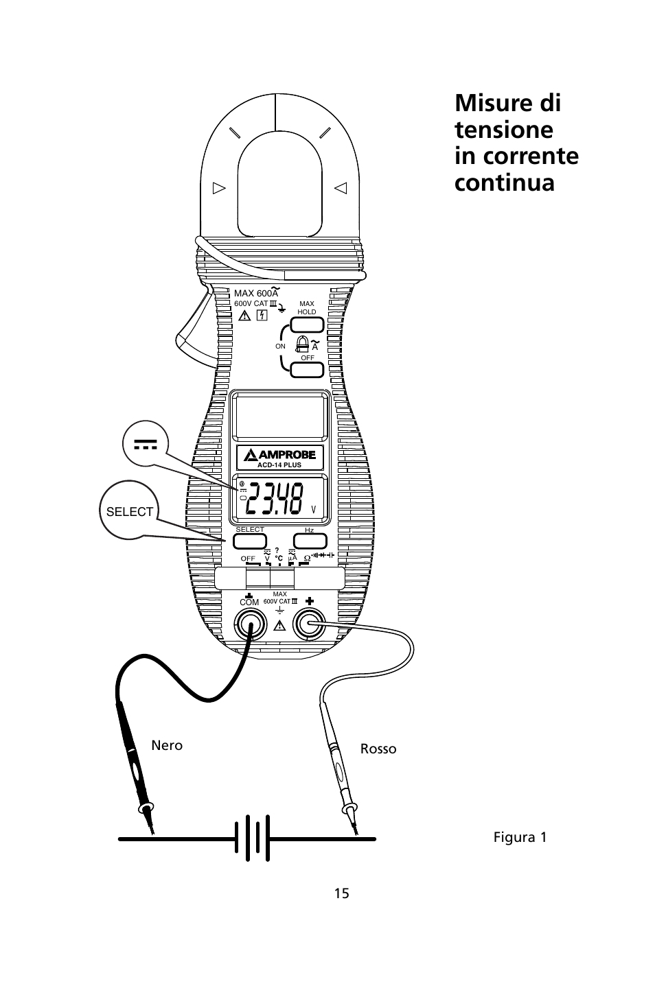 Misure di tensione in corrente continua, Nero rosso, Figura 1 | Amprobe ACD-14-PLUS Clamp-On-Multimeters User Manual | Page 90 / 148