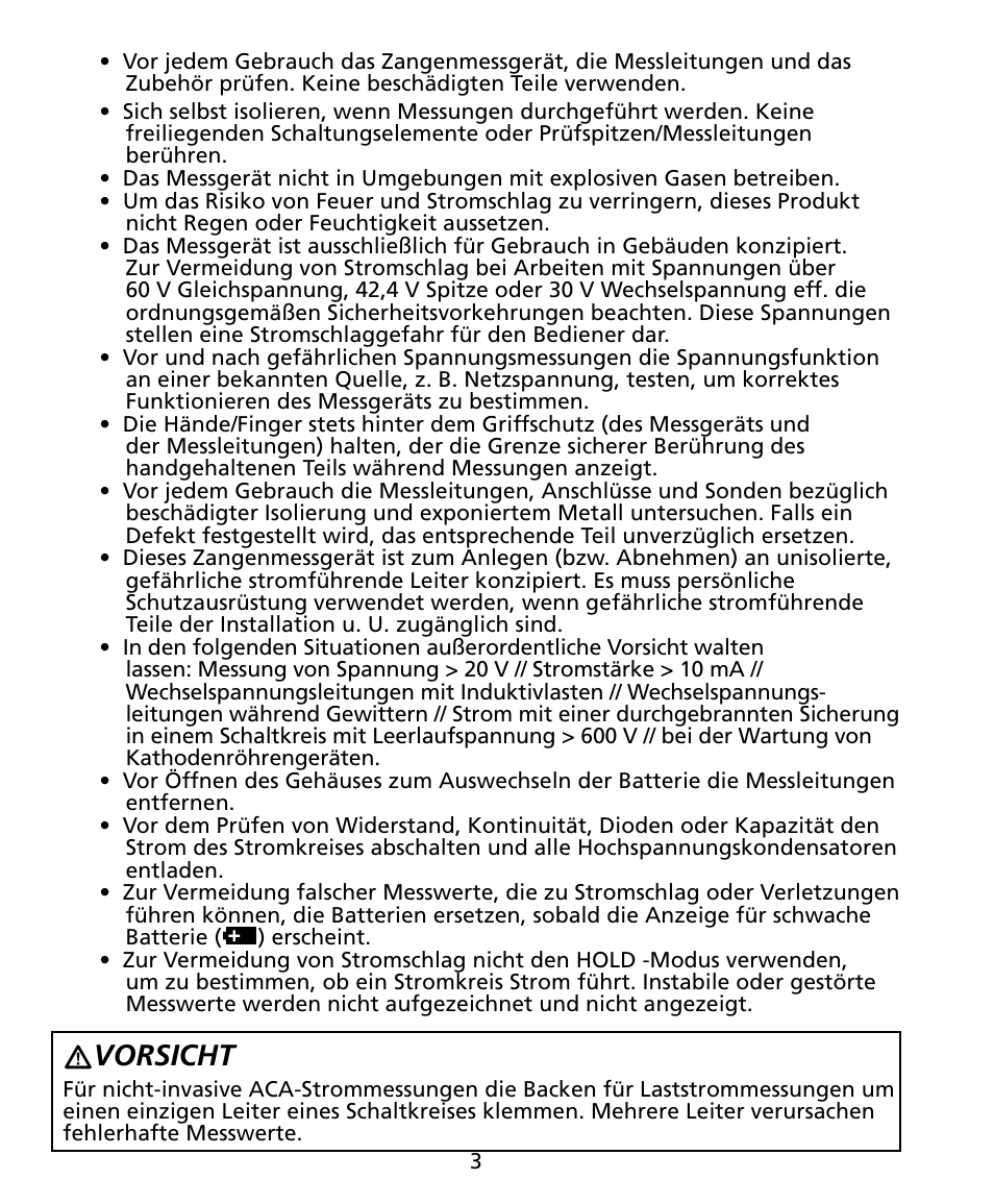 Vorsicht | Amprobe ACD-20SW Digital-Clamp-Meters User Manual | Page 40 / 84