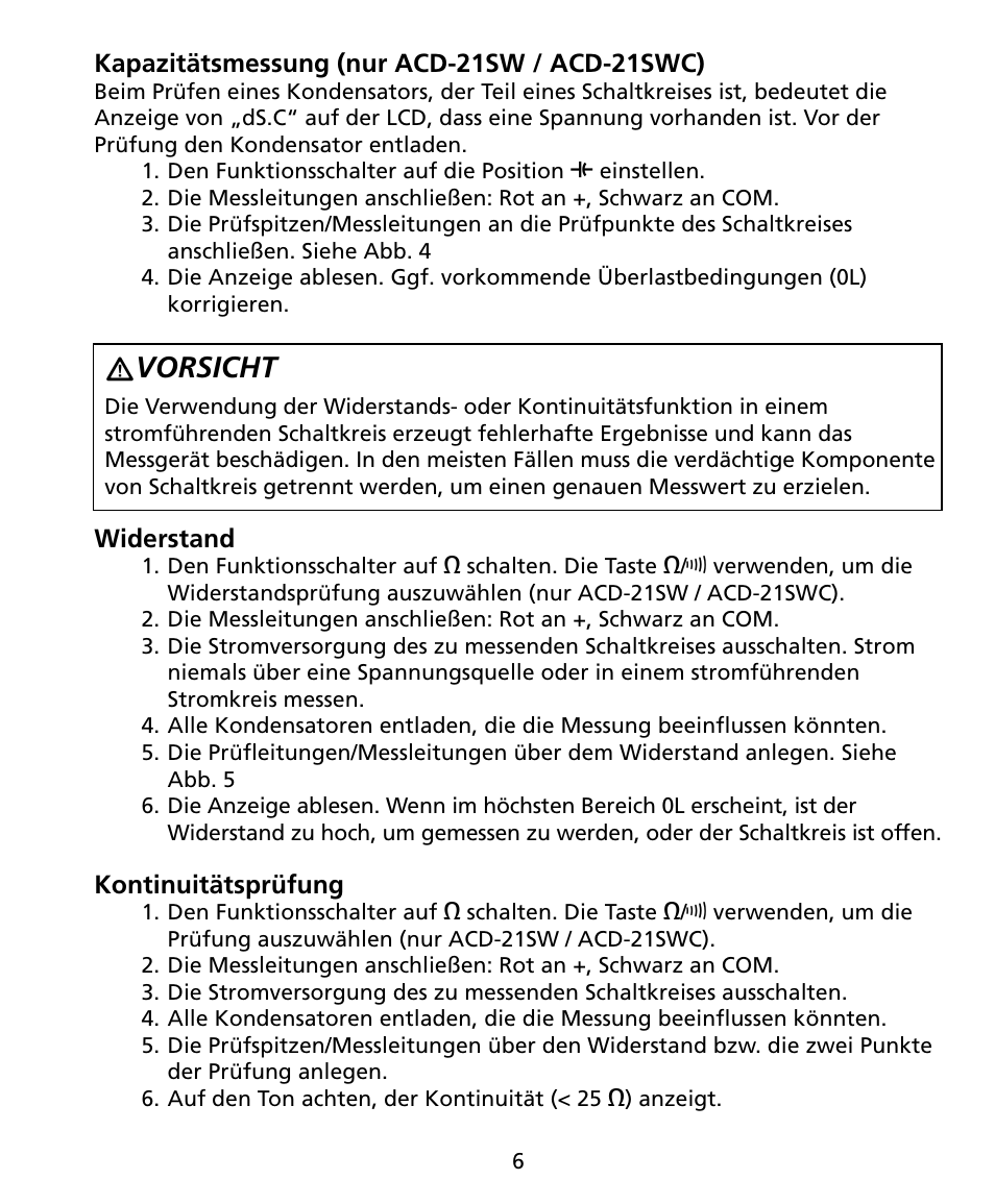 Vorsicht | Amprobe ACD-20SW Digital-Clamp-Meters User Manual | Page 43 / 84