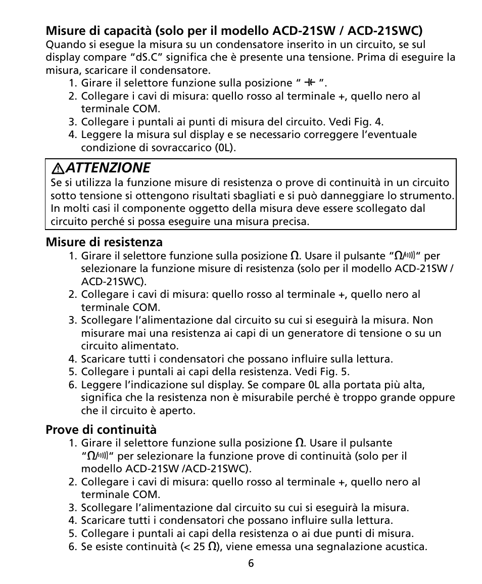 Attenzione | Amprobe ACD-20SW Digital-Clamp-Meters User Manual | Page 59 / 84