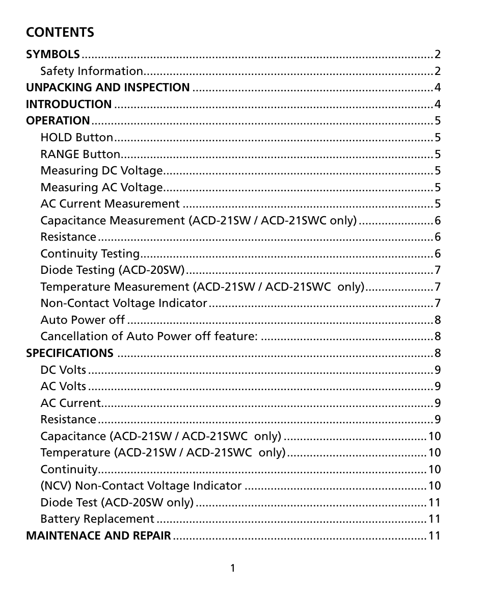 Amprobe ACD-20SW Digital-Clamp-Meters User Manual | Page 6 / 84