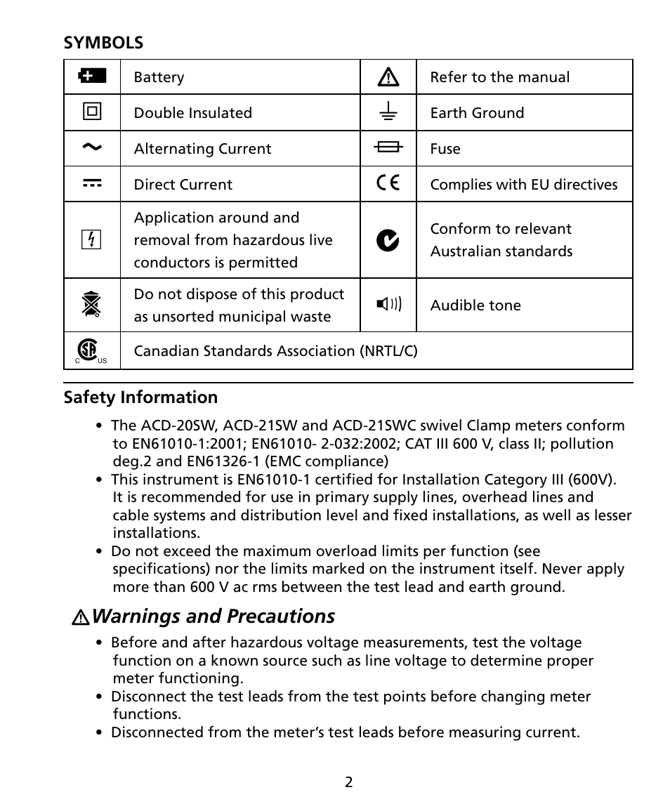 Amprobe ACD-20SW Digital-Clamp-Meters User Manual | Page 7 / 84