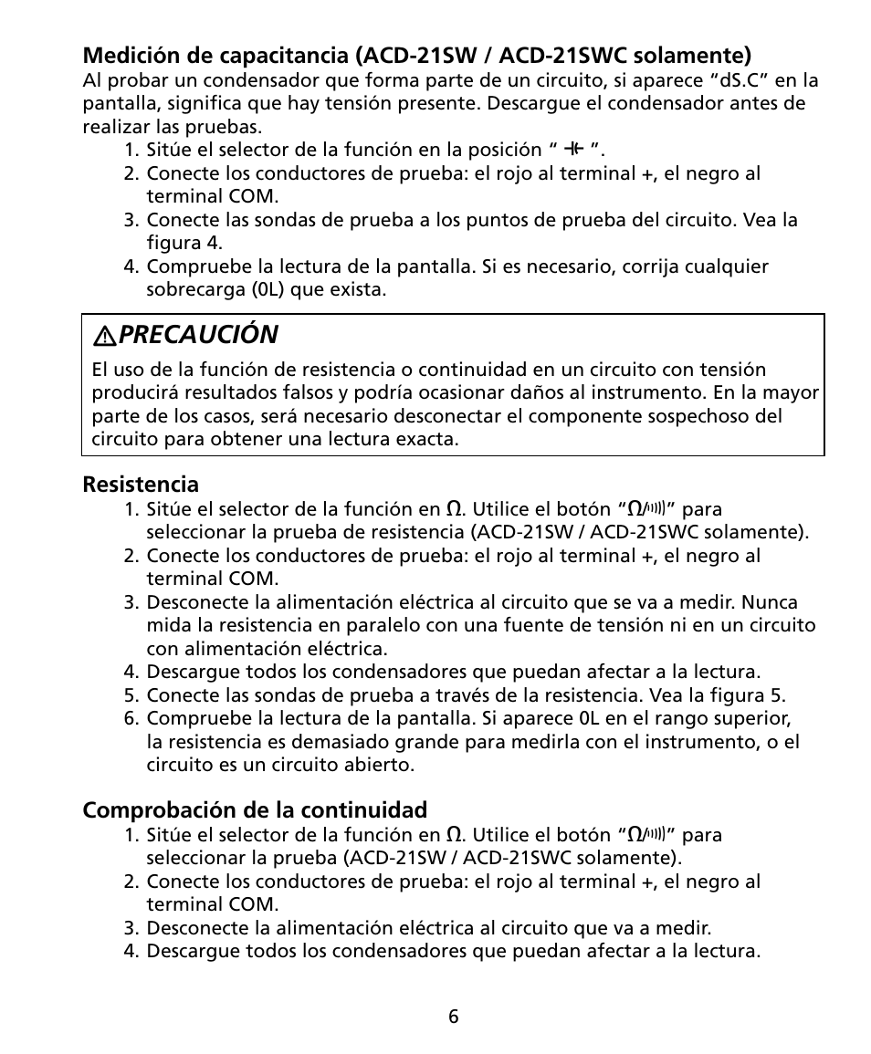 Precaución | Amprobe ACD-20SW Digital-Clamp-Meters User Manual | Page 75 / 84