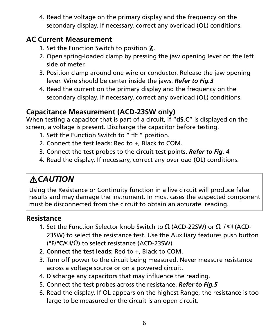 Caution | Amprobe ACD-22SW Digital-Clamp-Meters User Manual | Page 11 / 20
