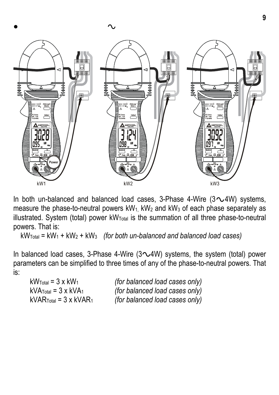 Measuring 3-phase 4-wire, And kw, 3 x kw | For balanced load cases only) kva, 3 x kva, For balanced load cases only) kvar, 3 x kvar, For balanced load cases only) | Amprobe ACD-30P Clamp-On-Power-Meters User Manual | Page 10 / 20