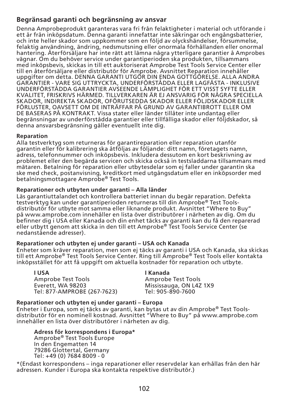 102 begränsad garanti och begränsning av ansvar | Amprobe ACD-30P Clamp-On-Power-Meters User Manual | Page 103 / 121