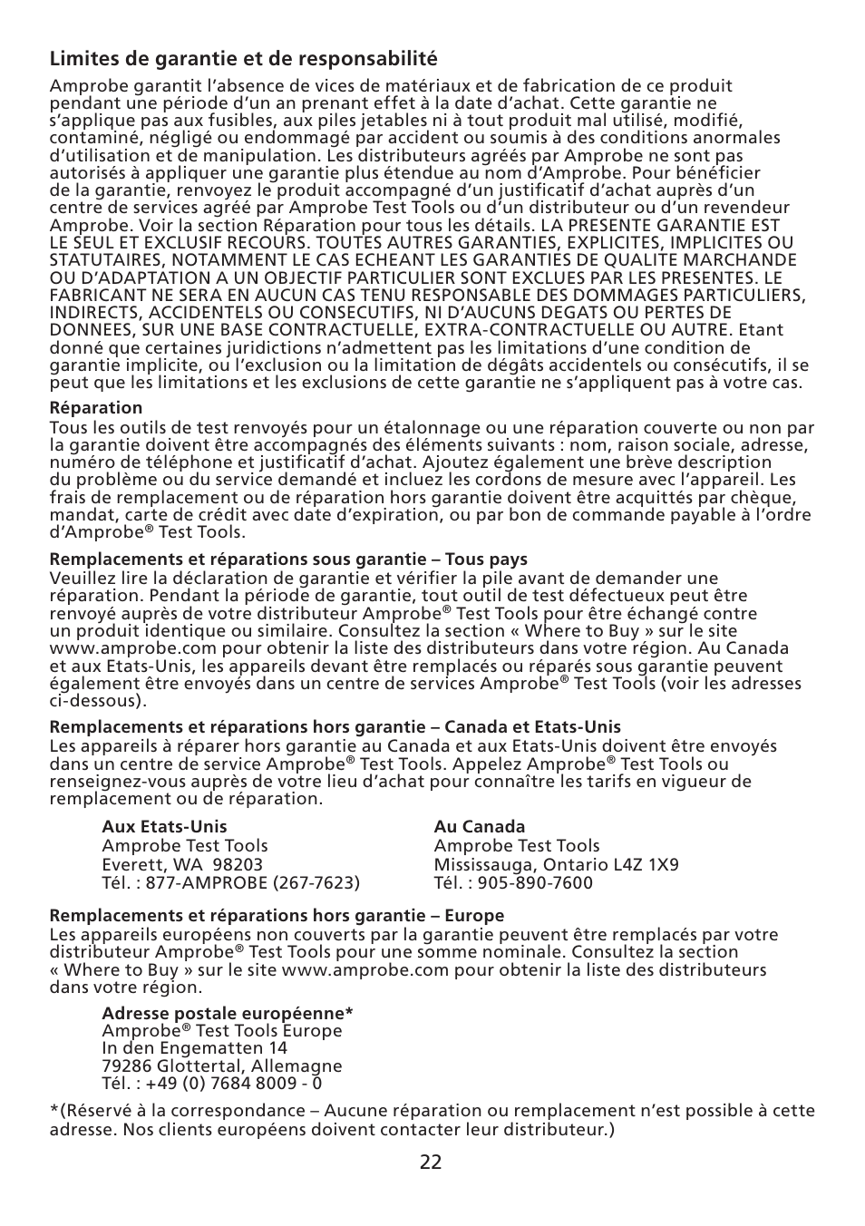 22 limites de garantie et de responsabilité | Amprobe ACD-30P Clamp-On-Power-Meters User Manual | Page 23 / 121