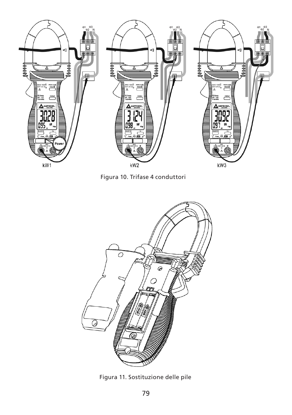 Figura 11. sostituzione delle pile, Figura 10. trifase 4 conduttori | Amprobe ACD-30P Clamp-On-Power-Meters User Manual | Page 80 / 121