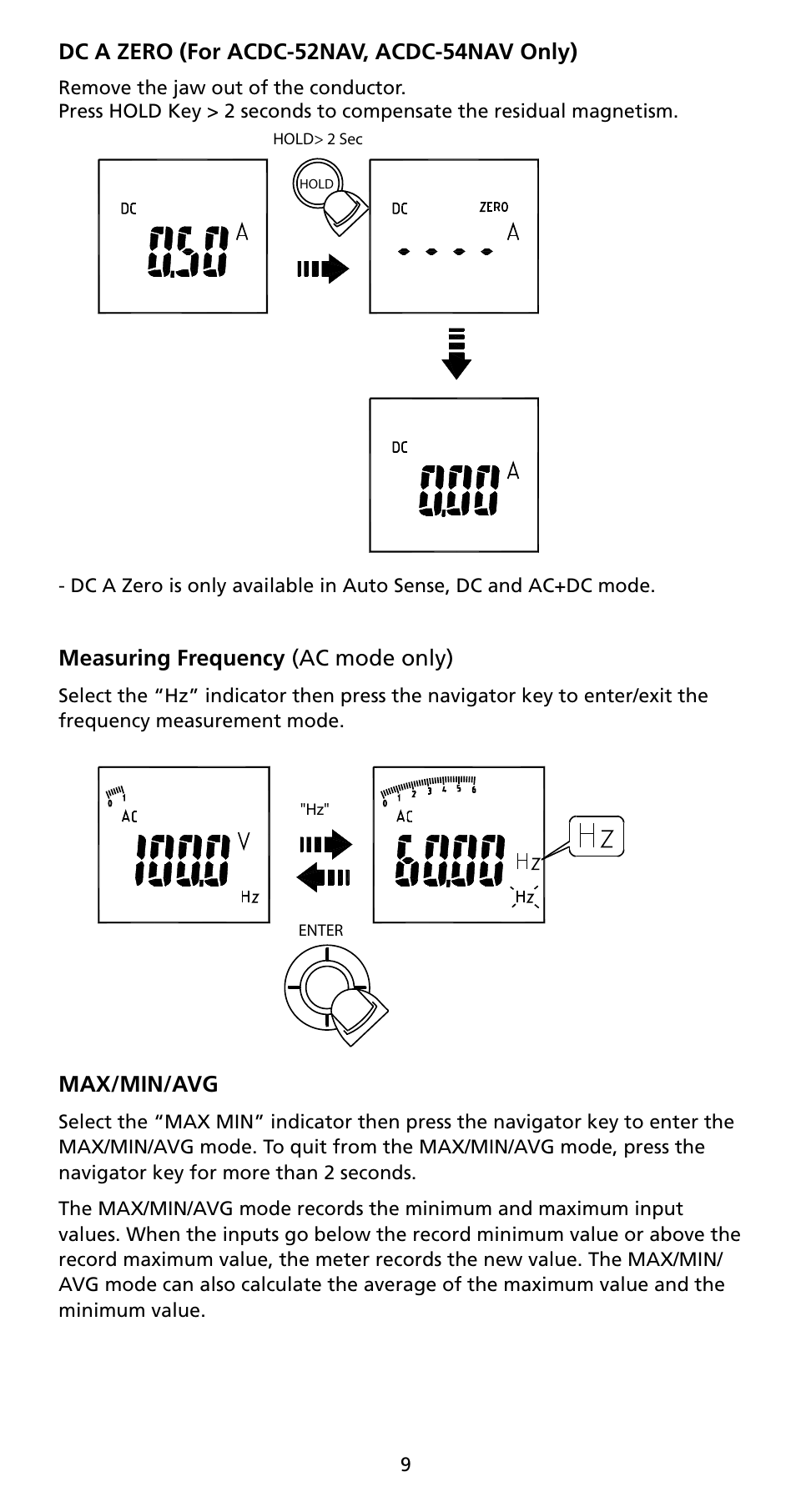 Dc a zero (for acdc-52nav, acdc-54nav only), Measuring frequency (ac mode only), Max/min/avg | Amprobe ACD-50NAV ACD-51NAV ACDC-52NAV ACD-53NAV ACD-54NAV Navigator-Clamps User Manual | Page 15 / 36