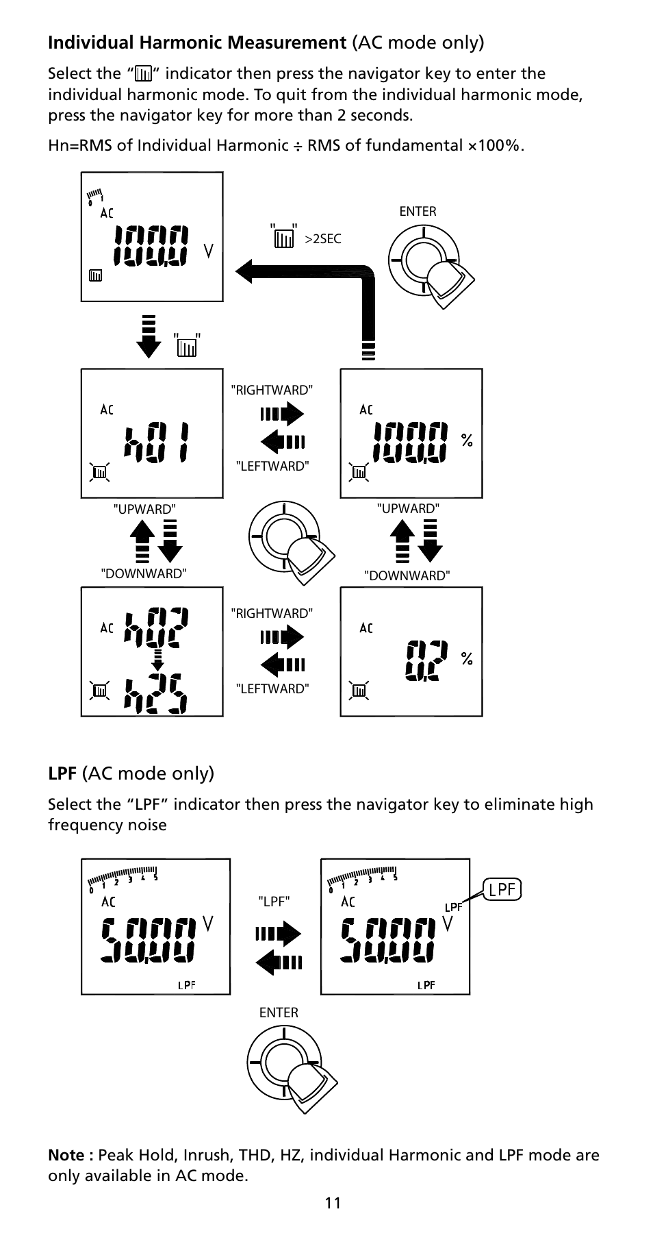 Individual harmonic measurement (ac mode only), Lpf (ac mode only) | Amprobe ACD-50NAV ACD-51NAV ACDC-52NAV ACD-53NAV ACD-54NAV Navigator-Clamps User Manual | Page 17 / 36
