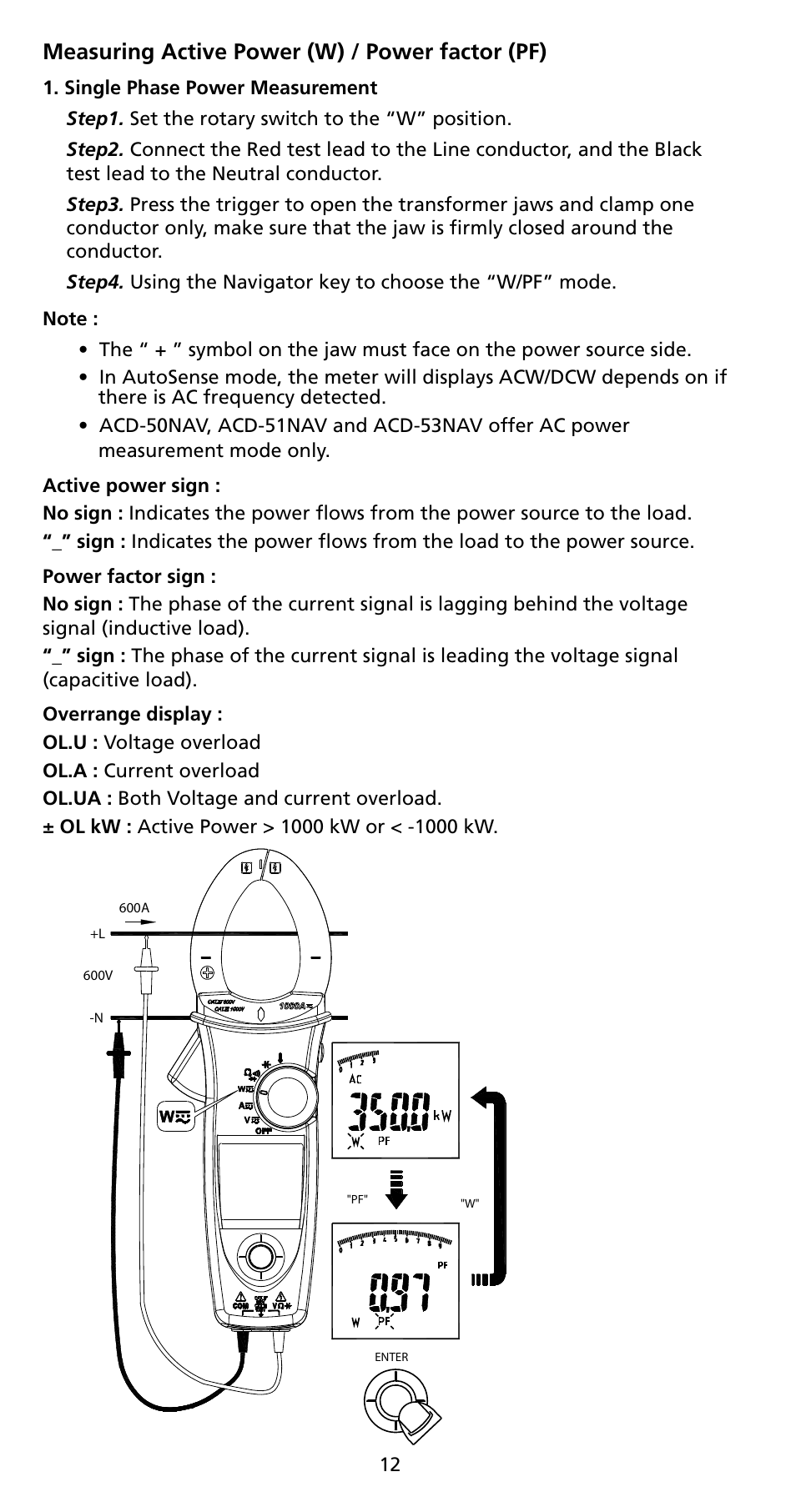 Measuring active power (w) / power factor (pf) | Amprobe ACD-50NAV ACD-51NAV ACDC-52NAV ACD-53NAV ACD-54NAV Navigator-Clamps User Manual | Page 18 / 36