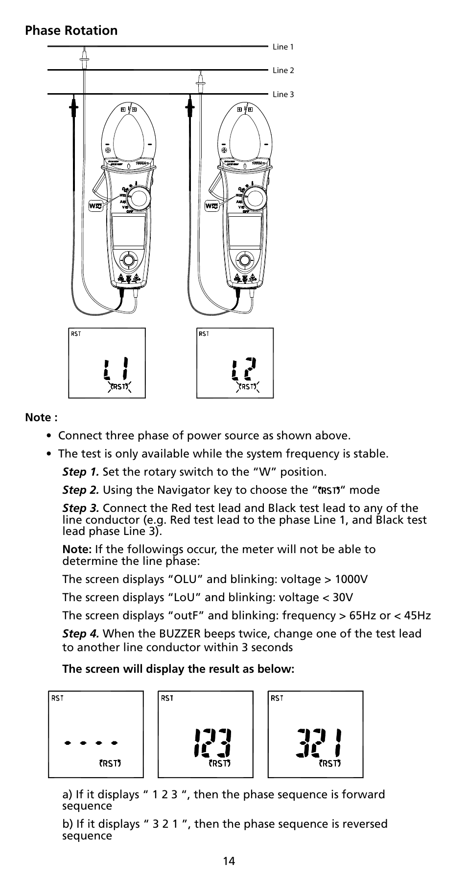 Phase rotation | Amprobe ACD-50NAV ACD-51NAV ACDC-52NAV ACD-53NAV ACD-54NAV Navigator-Clamps User Manual | Page 20 / 36