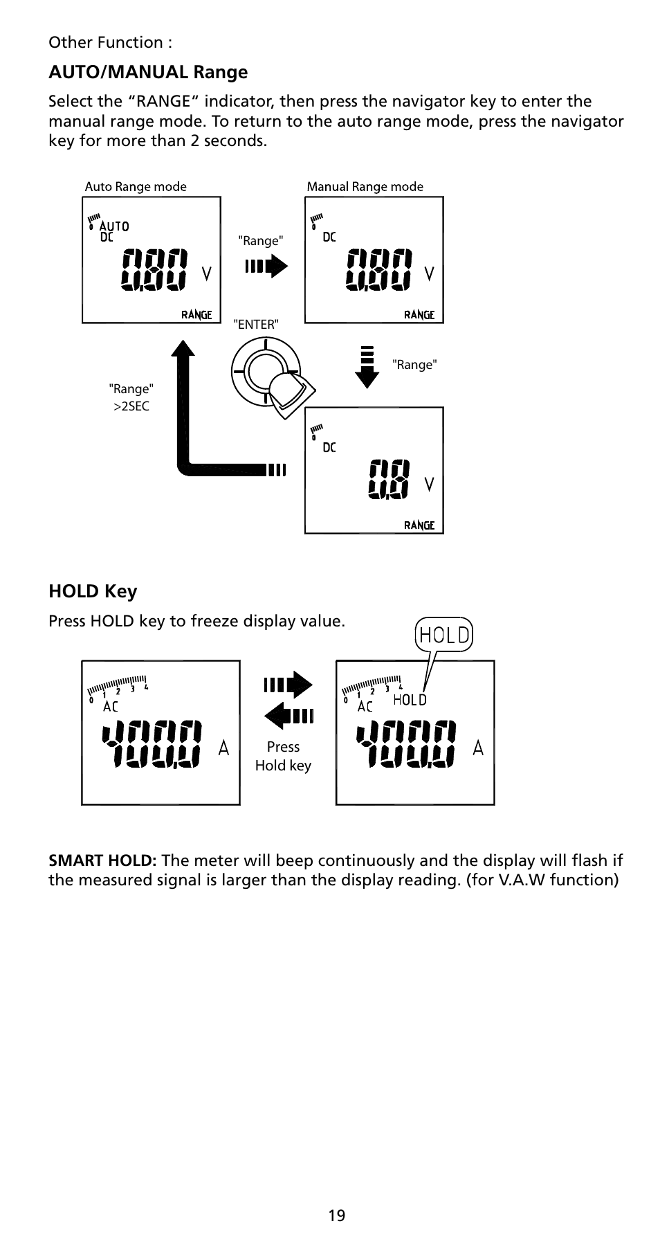 Auto/manual range, Hold key | Amprobe ACD-50NAV ACD-51NAV ACDC-52NAV ACD-53NAV ACD-54NAV Navigator-Clamps User Manual | Page 25 / 36