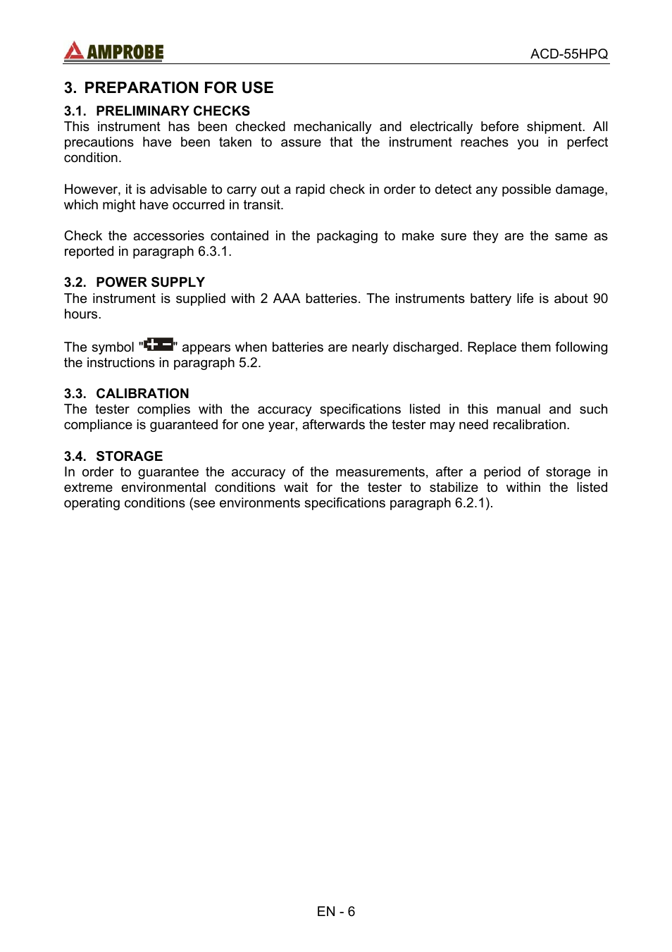 Preparation for use, Preliminary checks, Power supply | Calibration, Storage | Amprobe ACD-55HPQ Clamp-Meter User Manual | Page 10 / 62
