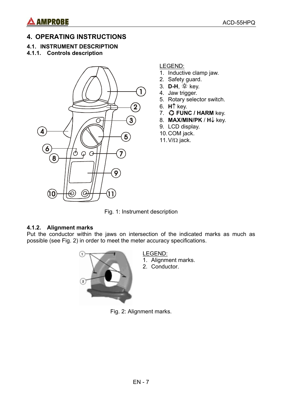 Operating instructions, Instrument description, Controls description | Alignment marks, Controls description 4.1.2. alignment marks | Amprobe ACD-55HPQ Clamp-Meter User Manual | Page 11 / 62