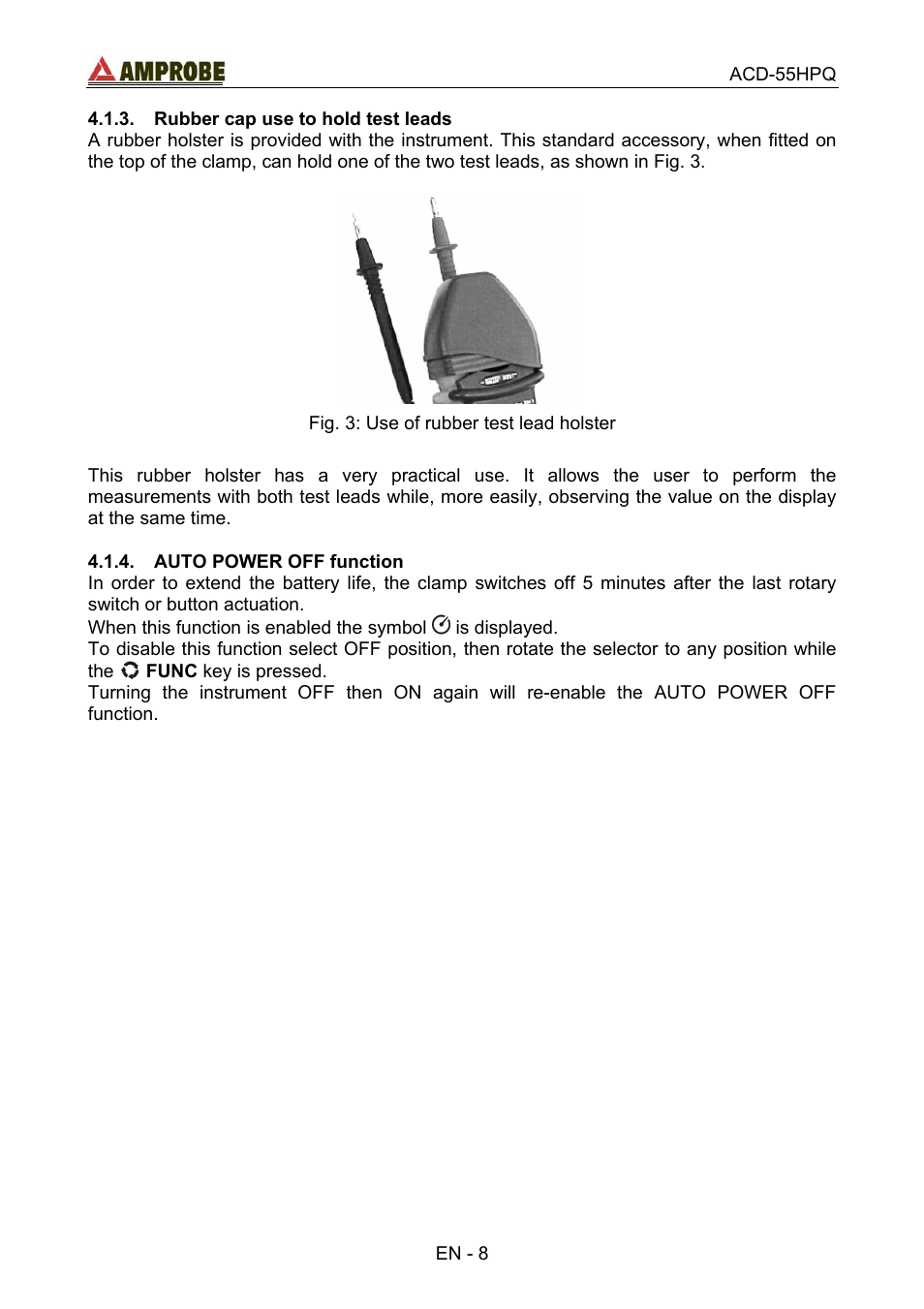 Rubber cap use to hold test leads, Auto power off function | Amprobe ACD-55HPQ Clamp-Meter User Manual | Page 12 / 62