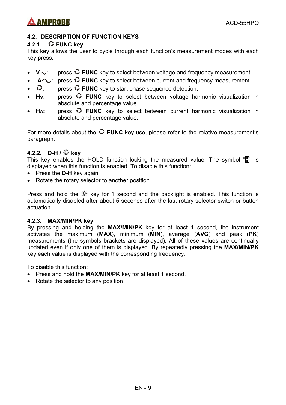 Description of function keys, Func key, D-h /  key | Max/min/pk key | Amprobe ACD-55HPQ Clamp-Meter User Manual | Page 13 / 62