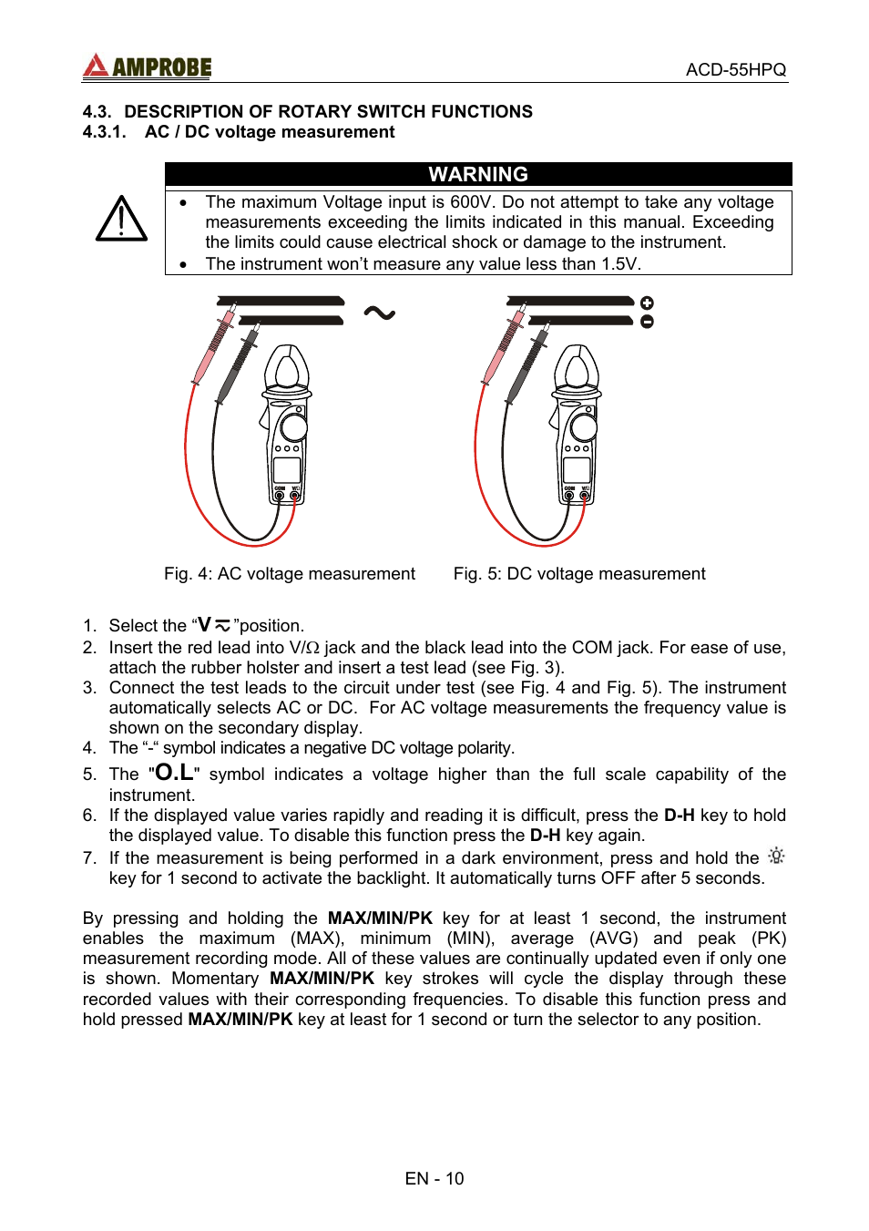 Description of rotary switch functions, Ac / dc voltage measurement | Amprobe ACD-55HPQ Clamp-Meter User Manual | Page 14 / 62