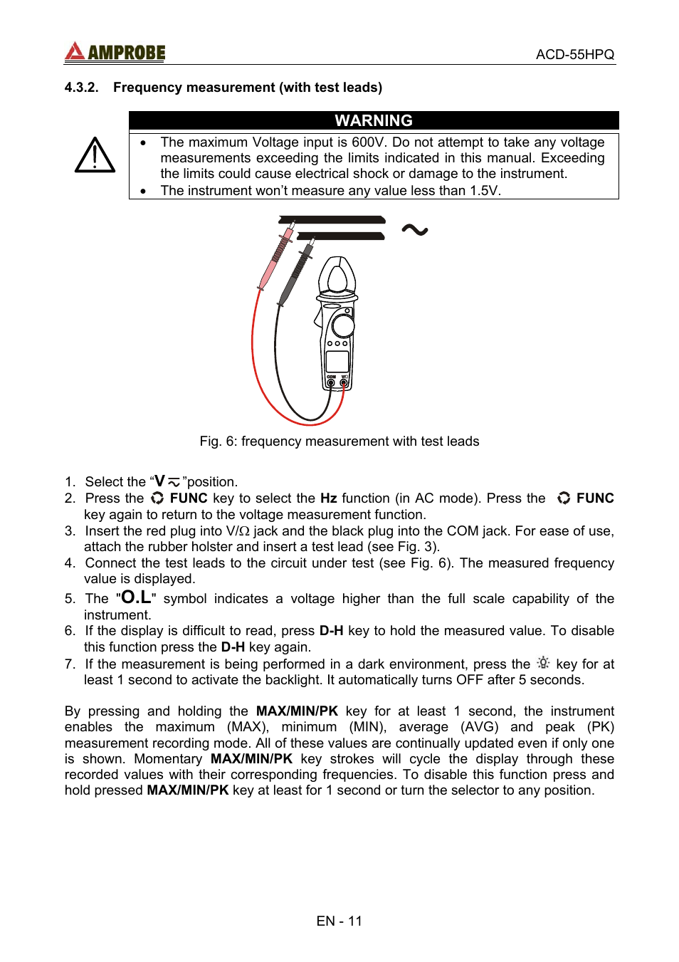 Frequency measurement (with test leads) | Amprobe ACD-55HPQ Clamp-Meter User Manual | Page 15 / 62